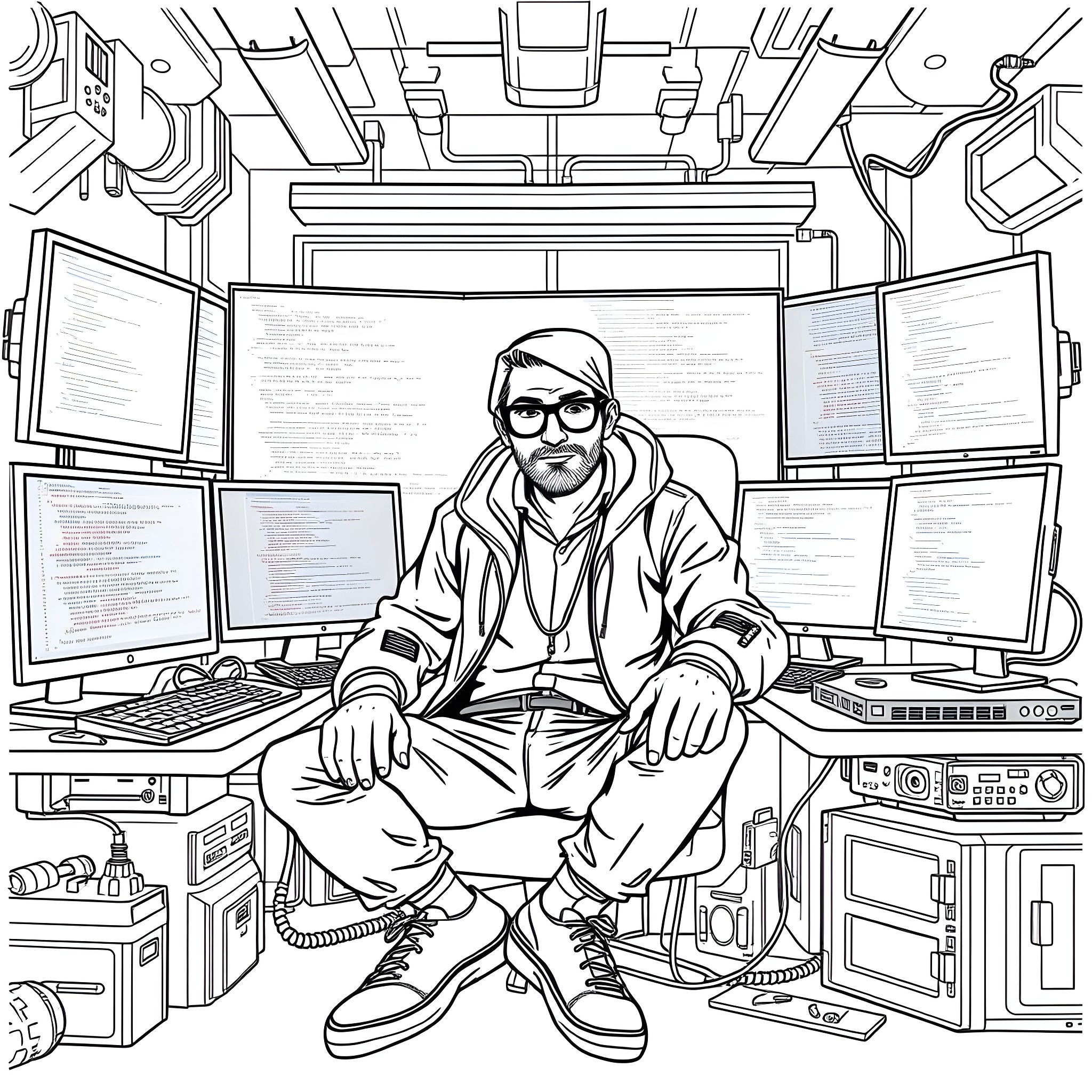 Hacker at Work in Messy Tech-Filled Office Coloring Page (free black-and-white line drawing printable PDF for all, from beginners to advanced learners, including children, teens, adults, and seniors)