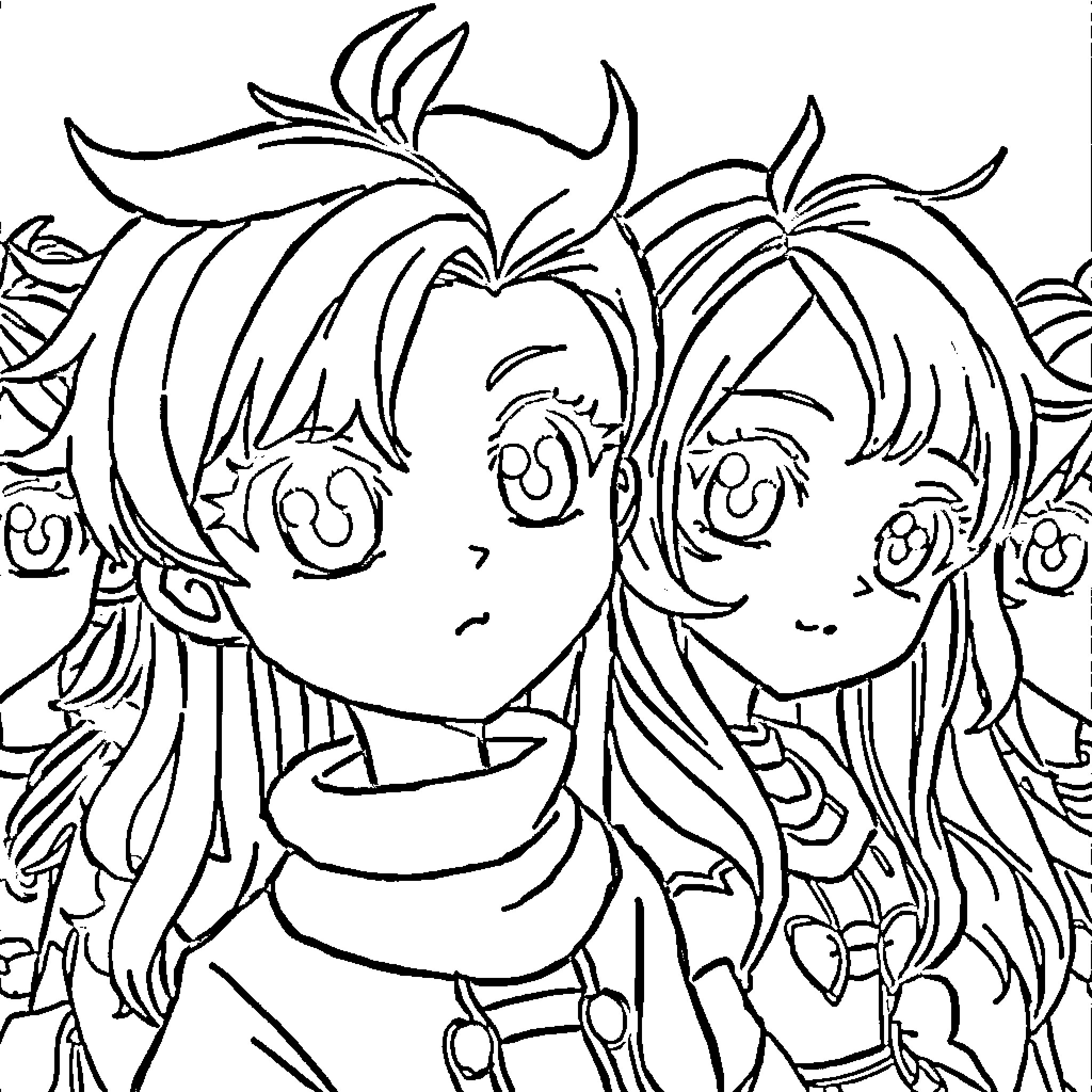 Anime Characters in Playful Interaction Coloring Page (free black-and-white line drawing printable PDF for all, from beginners to advanced learners, including children, teens, adults, and seniors)