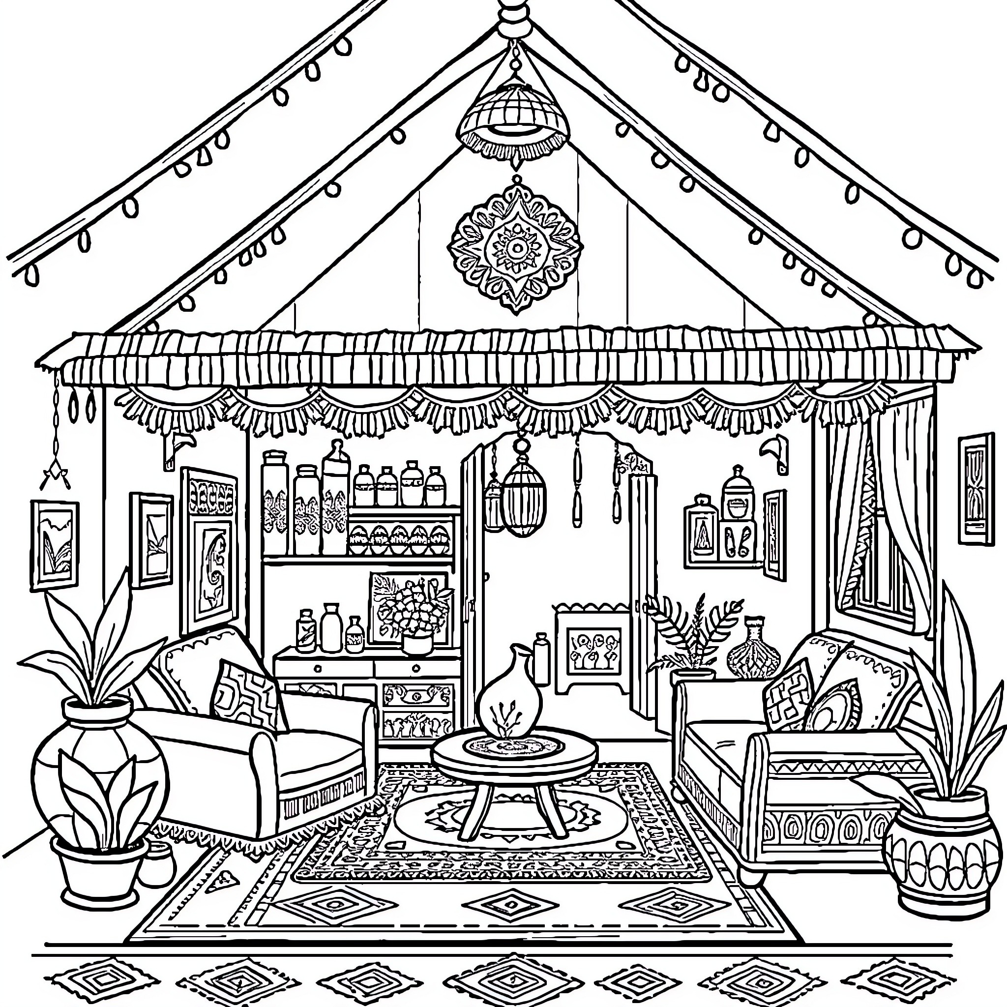 Home cozy interior with ornate decor and furnishings Coloring Page (free black-and-white line drawing printable PDF for all, from beginners to advanced learners, including children, teens, adults, and seniors)