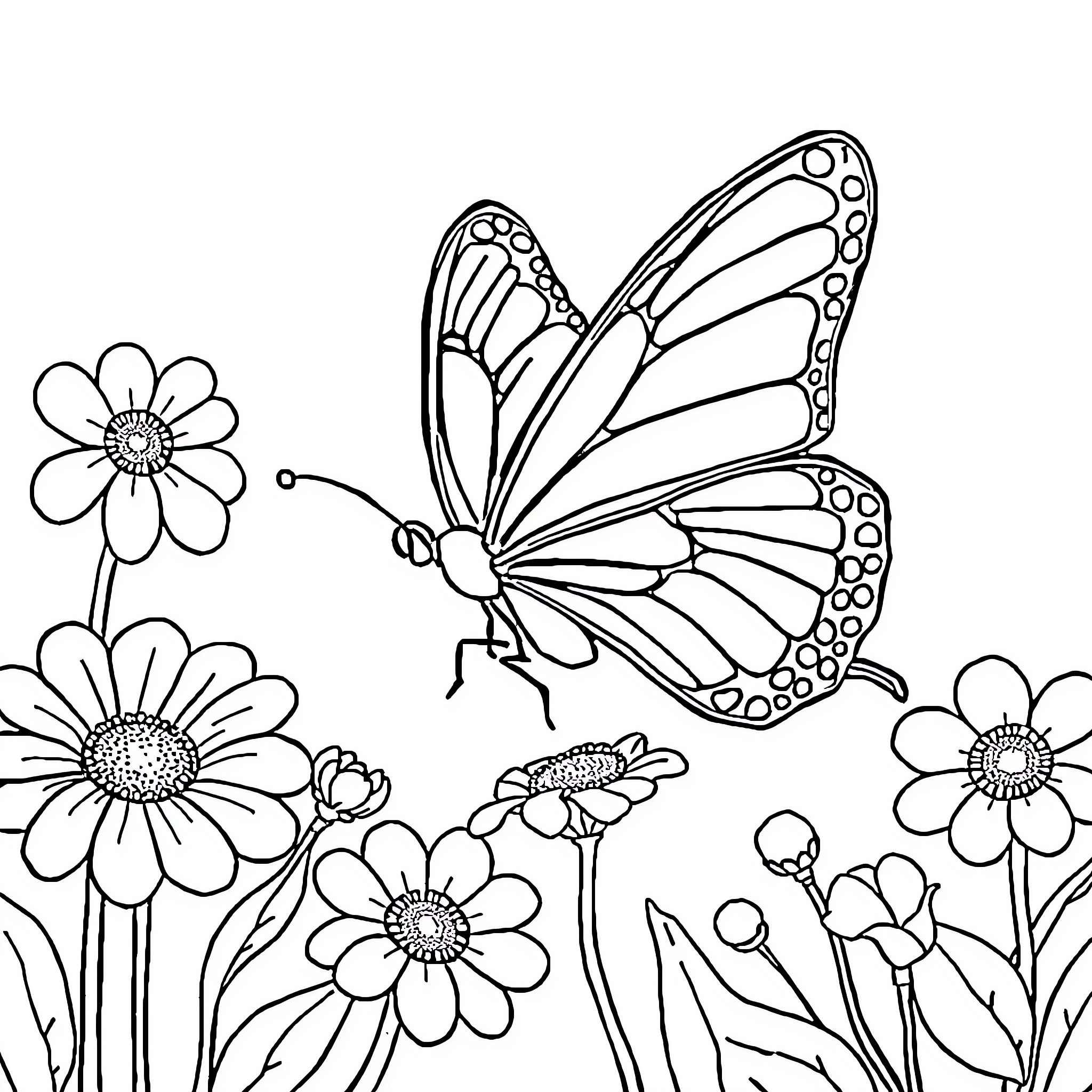 Butterfly visiting floral garden Coloring Page (free black-and-white line drawing printable PDF for all, from beginners to advanced learners, including children, teens, adults, and seniors)