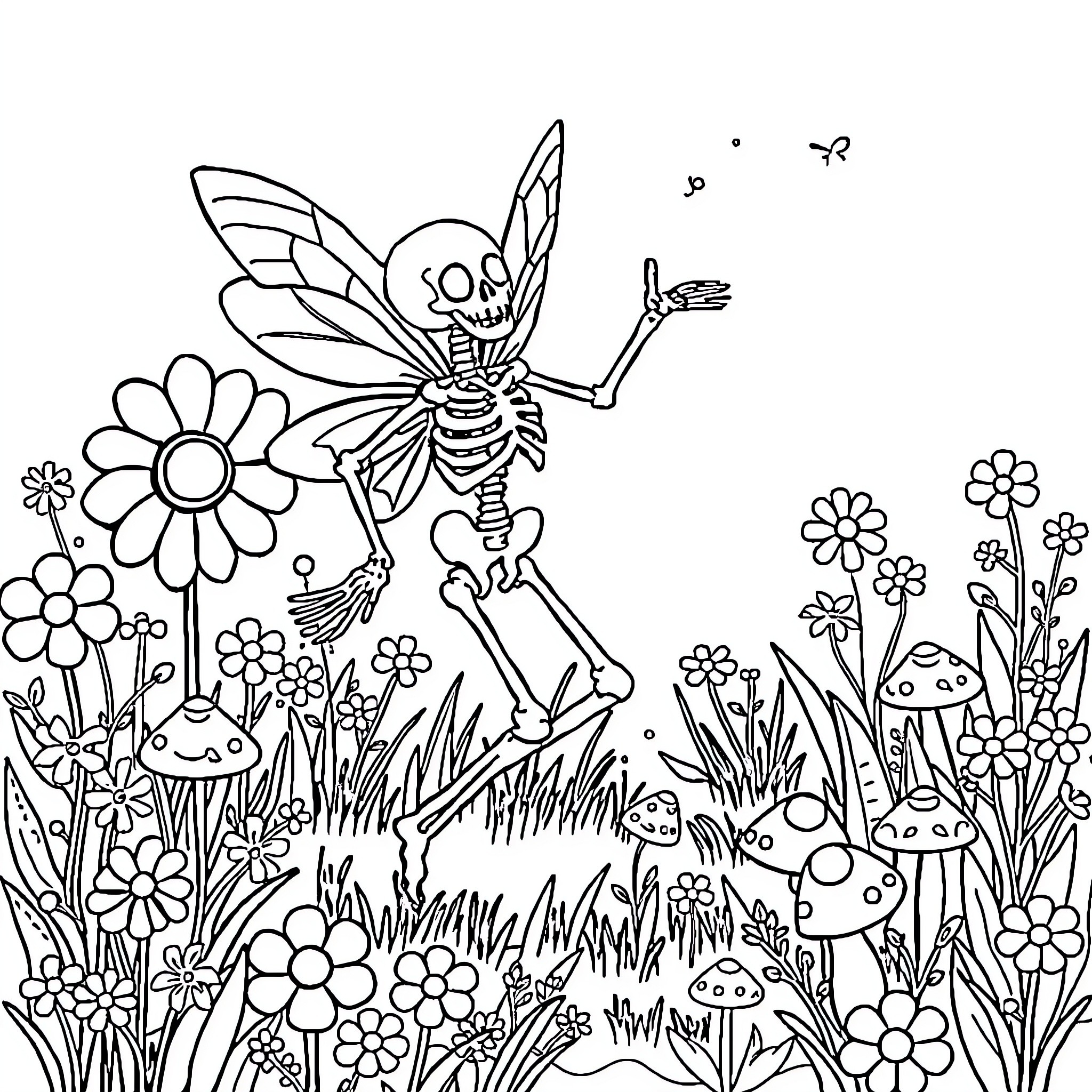Fairy Skeleton dancing among flowers and mushrooms Coloring Page (free black-and-white line drawing printable PDF for all, from beginners to advanced learners, including children, teens, adults, and seniors)