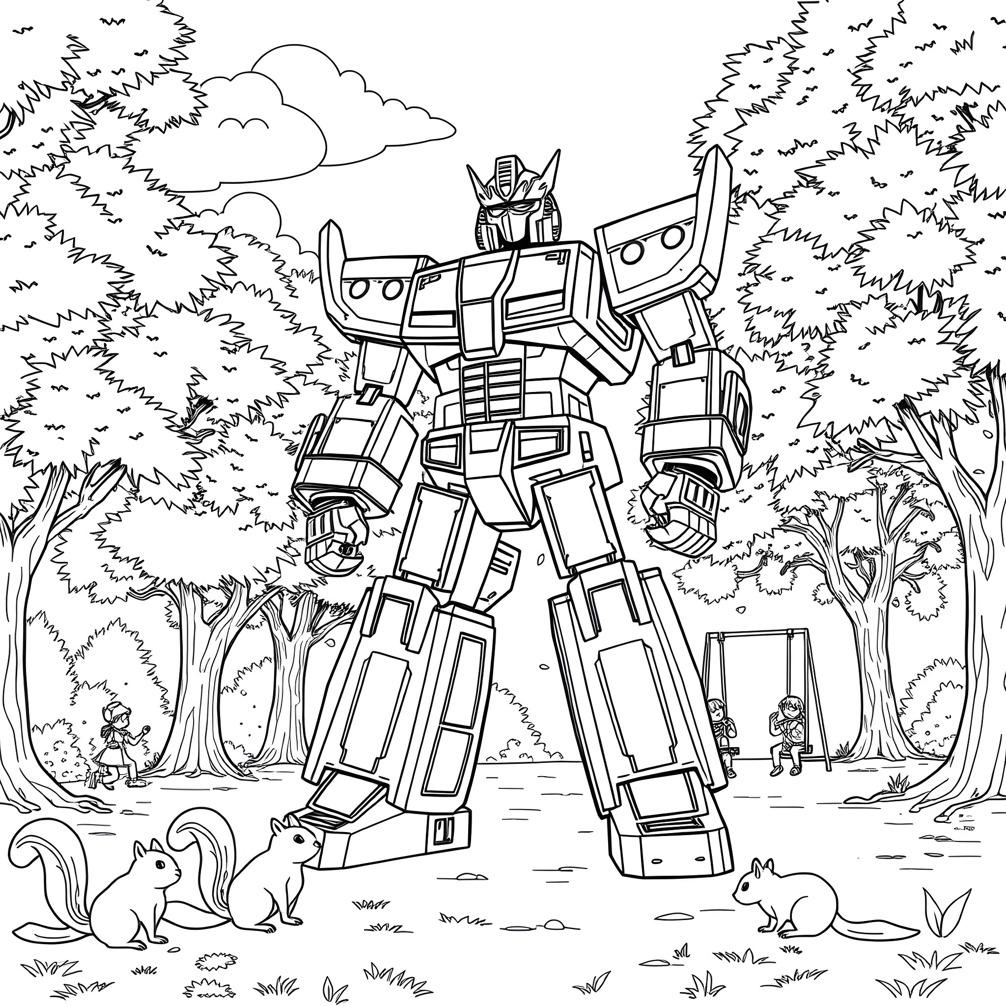 Megazord in the Enchanted Forest Coloring Page (free black-and-white line drawing printable PDF for all, from beginners to advanced learners, including children, teens, adults, and seniors)