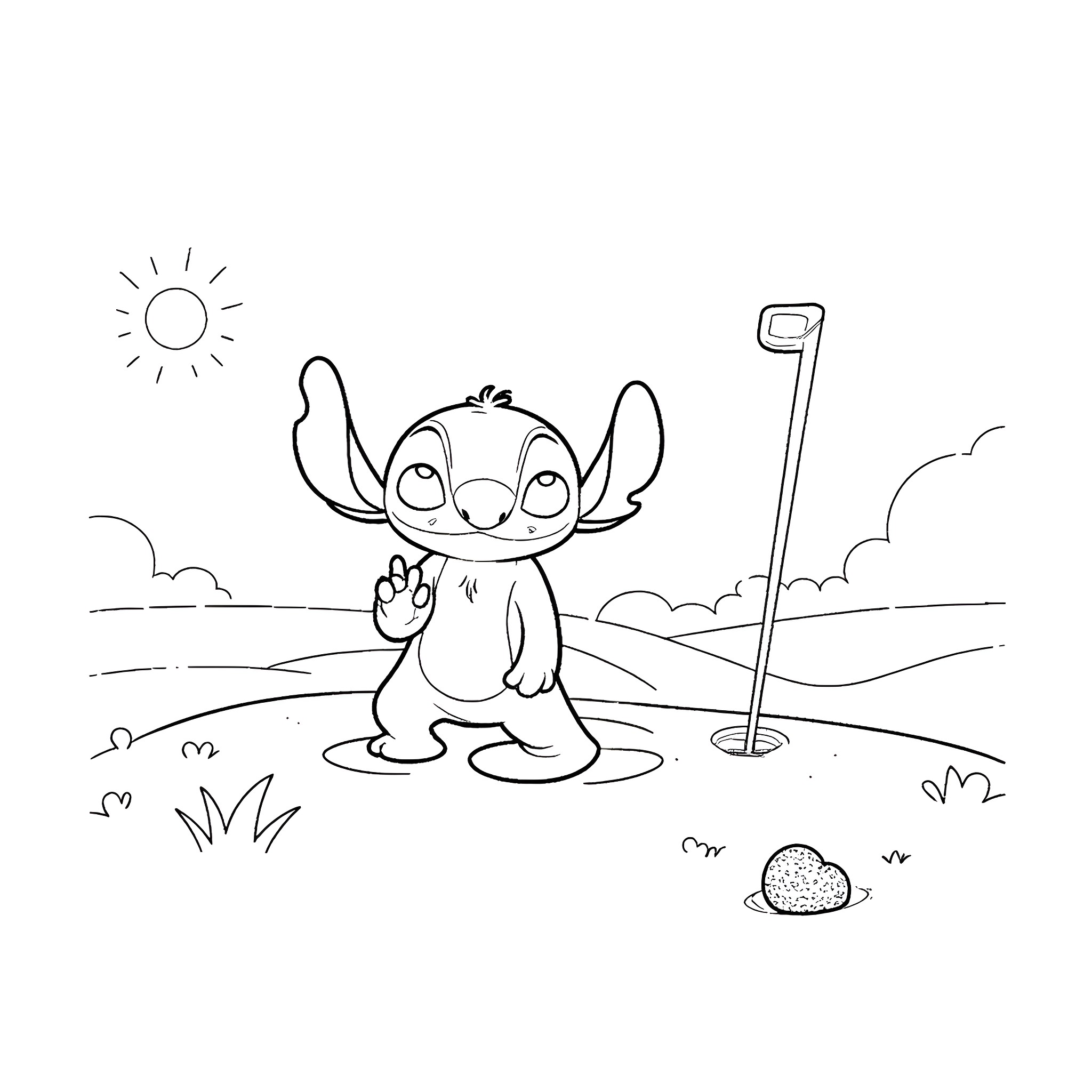 Lilo And Stitch playing golf on a sunny day Coloring Page (free black-and-white line drawing printable PDF for all, from beginners to advanced learners, including children, teens, adults, and seniors)