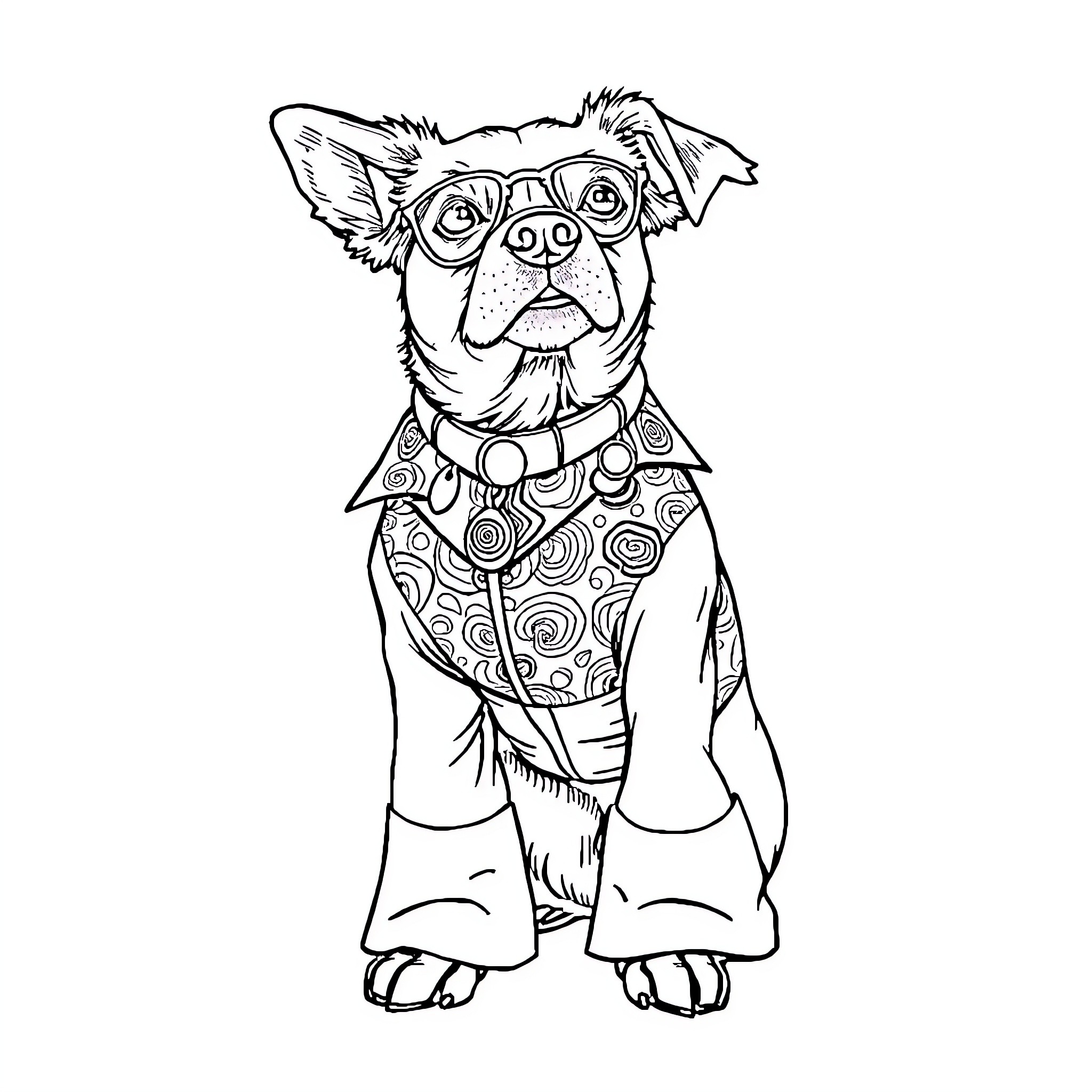 Dog Wearing Quirky Eyeglasses and Patterned Outfit Coloring Page (free black-and-white line drawing printable PDF for all, from beginners to advanced learners, including children, teens, adults, and seniors)