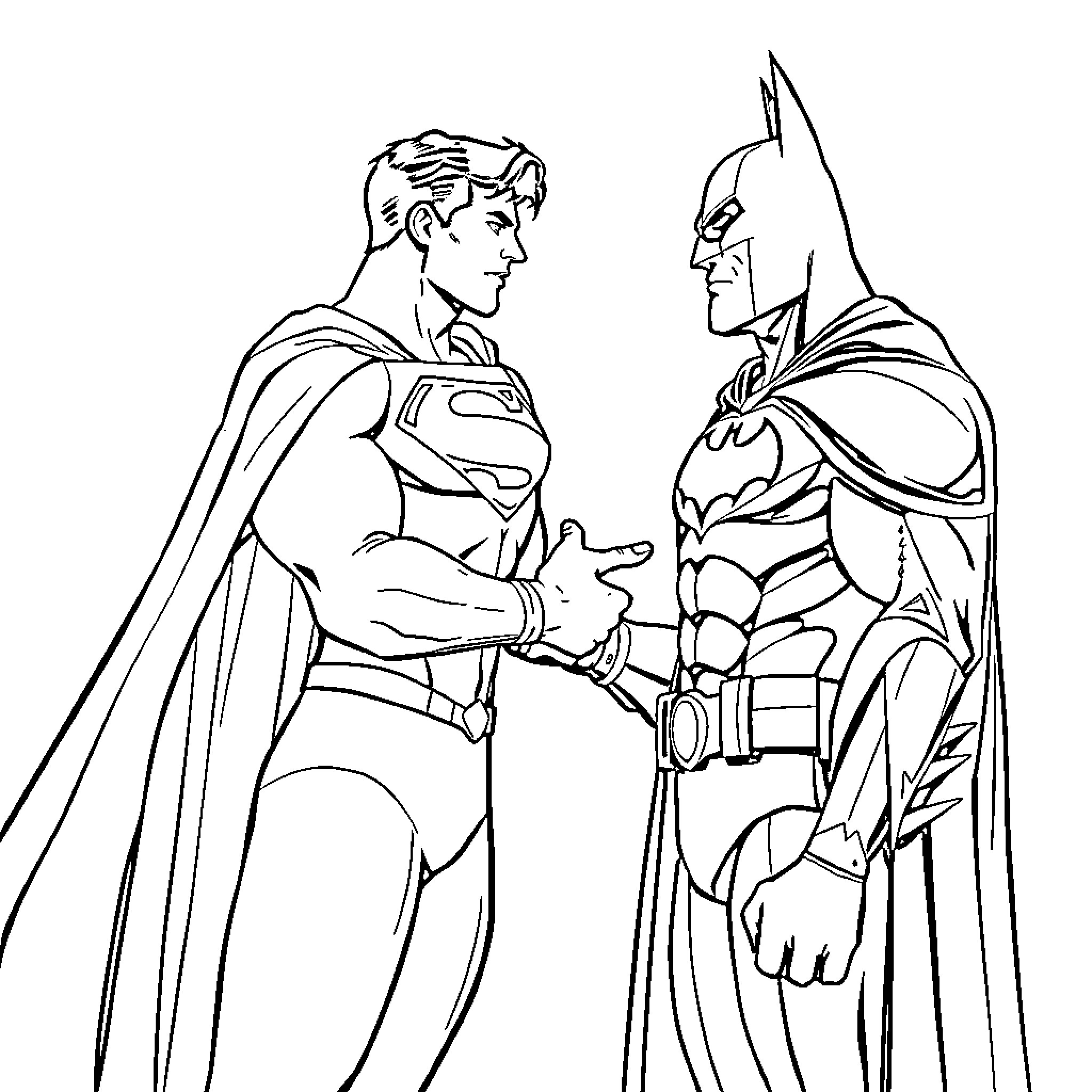 Superman and Batman in Confrontation Coloring Page (free black-and-white line drawing printable PDF for all, from beginners to advanced learners, including children, teens, adults, and seniors)