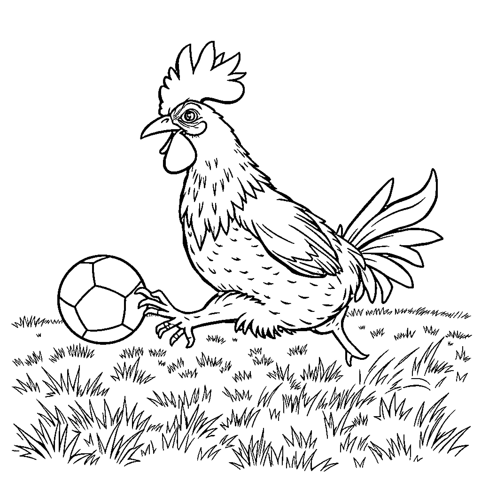 Chicken playing with soccer ball on grassy field Coloring Page (free black-and-white line drawing printable PDF for all, from beginners to advanced learners, including children, teens, adults, and seniors)