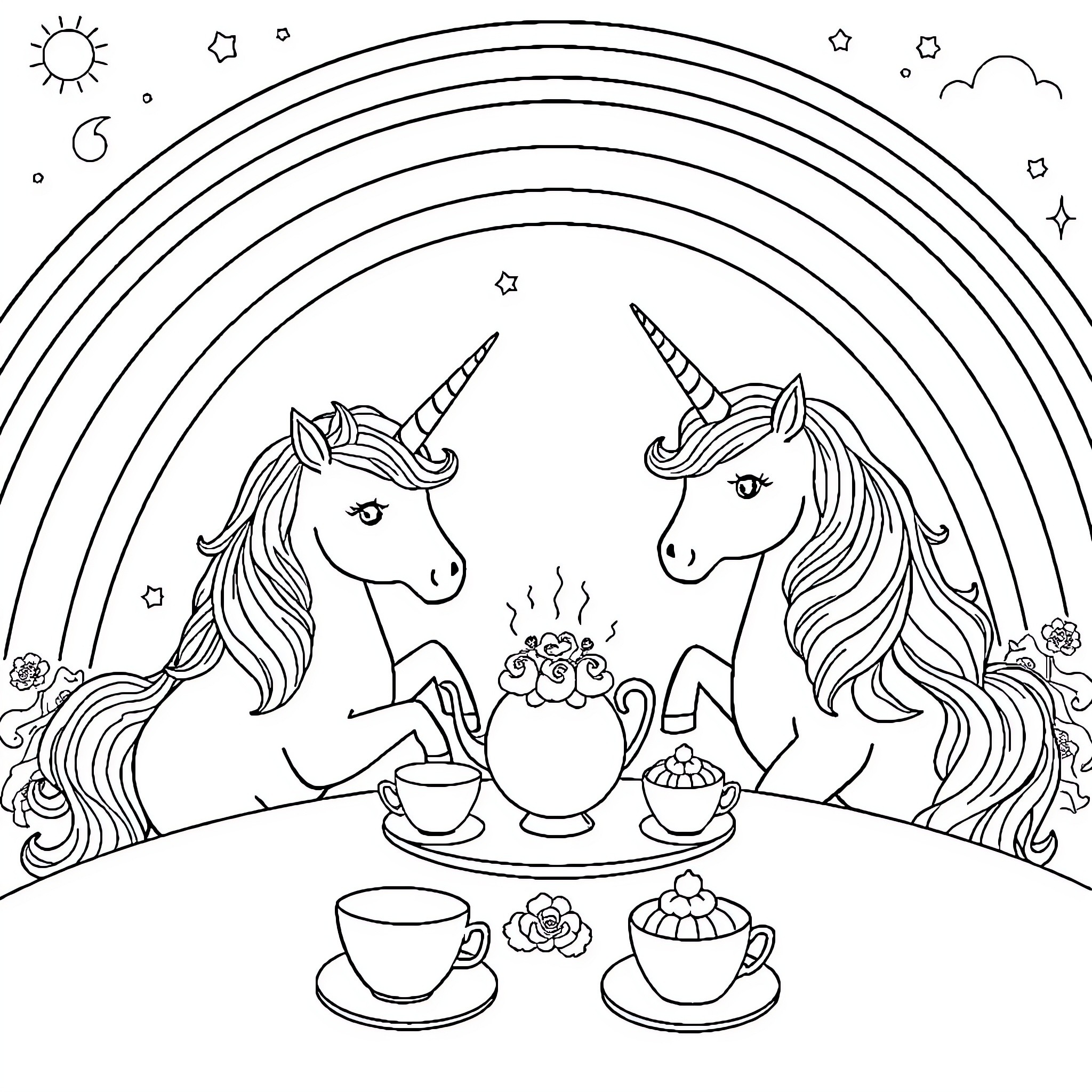 Unicorn tea party under a rainbow Coloring Page (free black-and-white line drawing printable PDF for all, from beginners to advanced learners, including children, teens, adults, and seniors)
