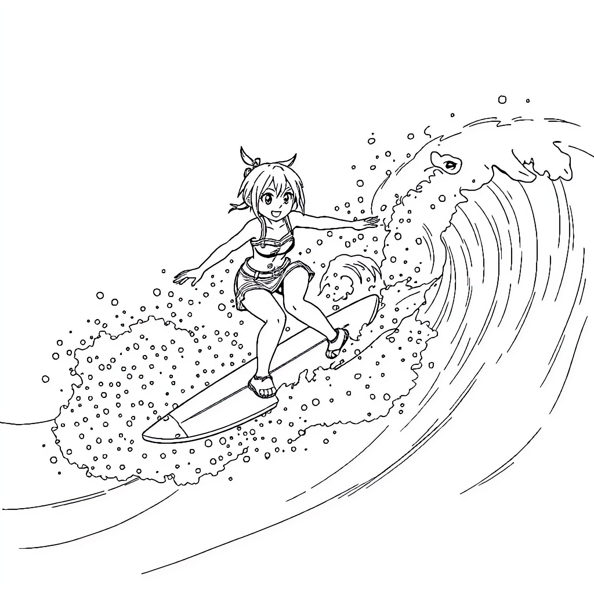 Rikku surfing the waves with enthusiasm Coloring Page (free black-and-white line drawing printable PDF for all, from beginners to advanced learners, including children, teens, adults, and seniors)
