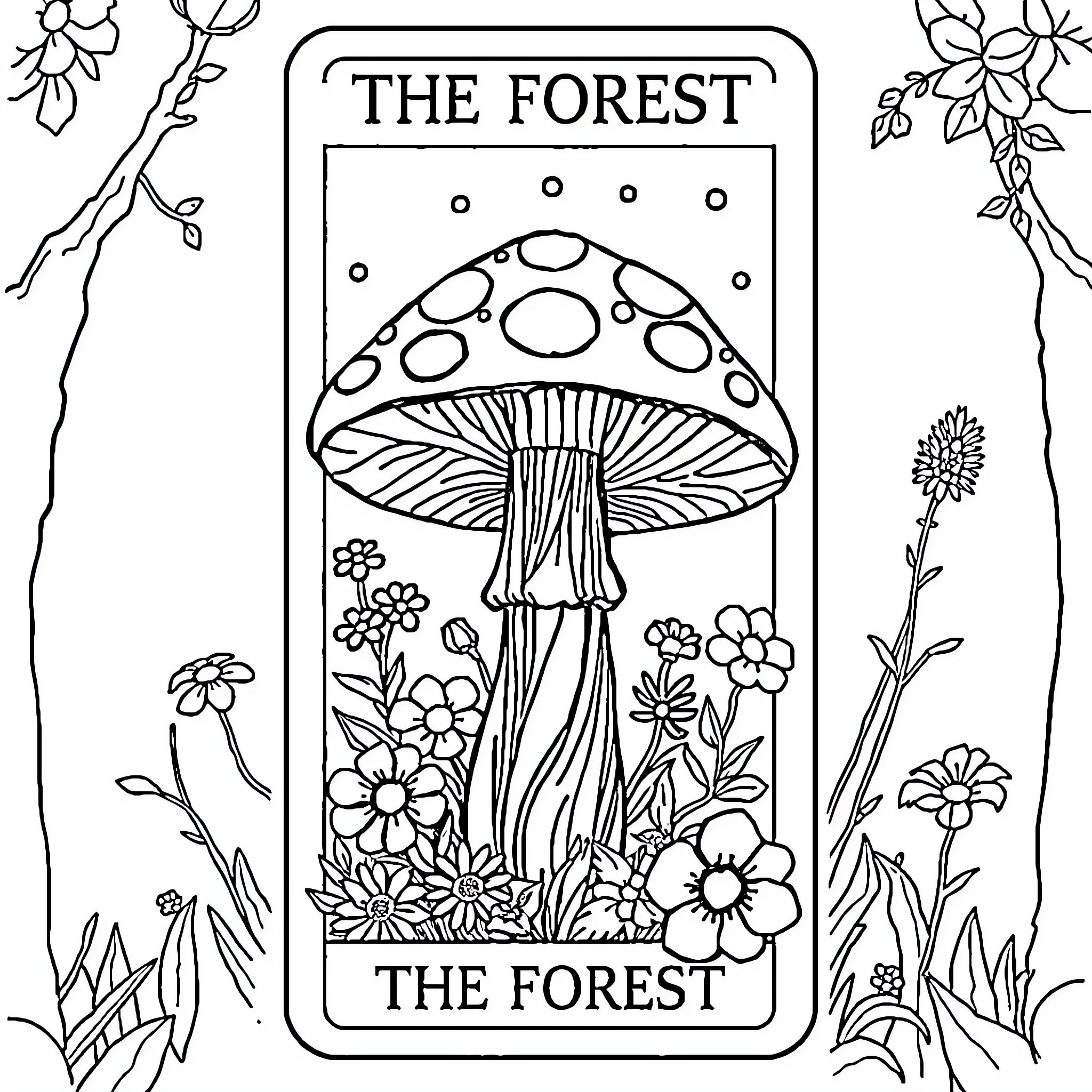 Tarot card of the forest with mushroom and flowers Coloring Page (free black-and-white line drawing printable PDF for all, from beginners to advanced learners, including children, teens, adults, and seniors)