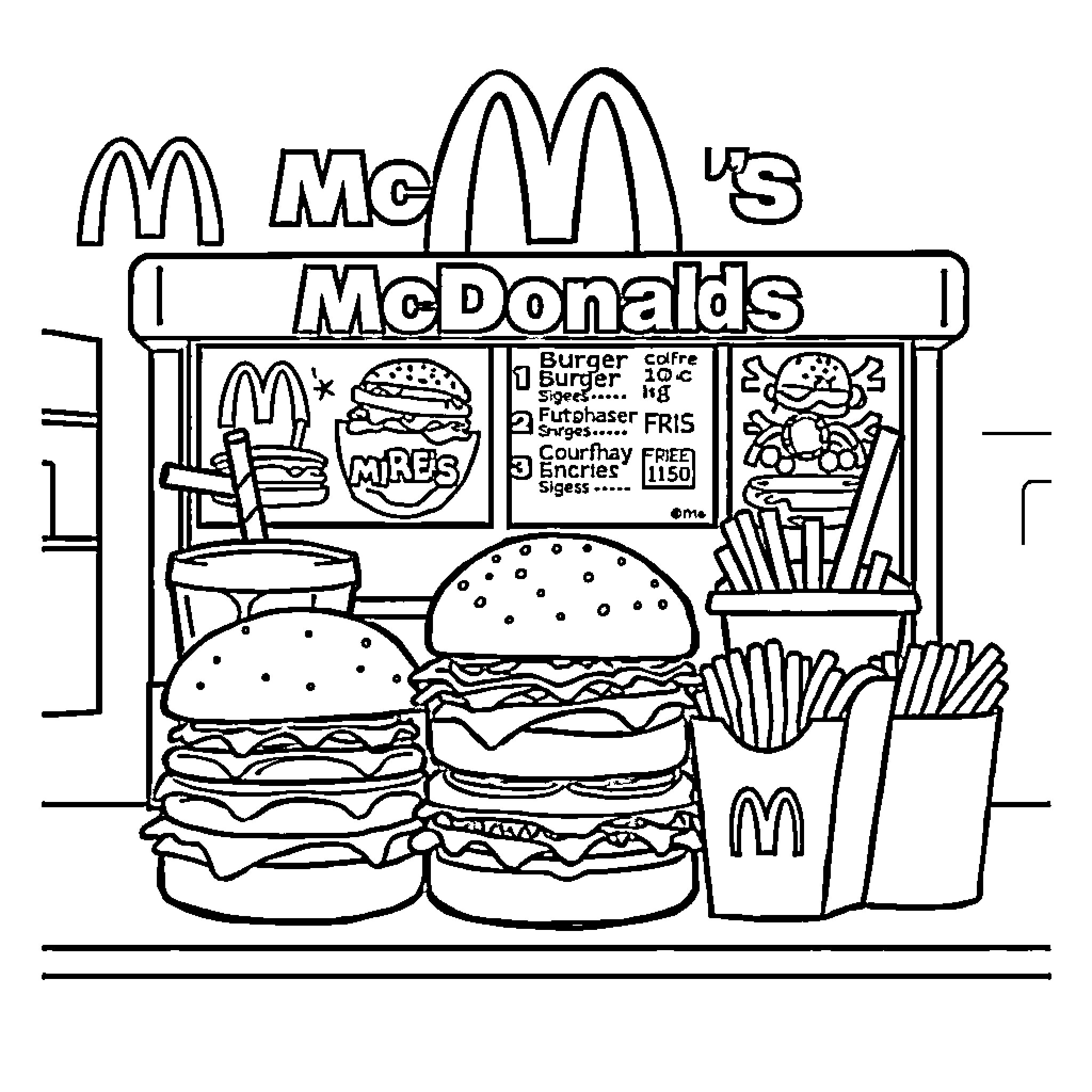 Menu at McDonald's Restaurant Coloring Page (free black-and-white line drawing printable PDF for all, from beginners to advanced learners, including children, teens, adults, and seniors)