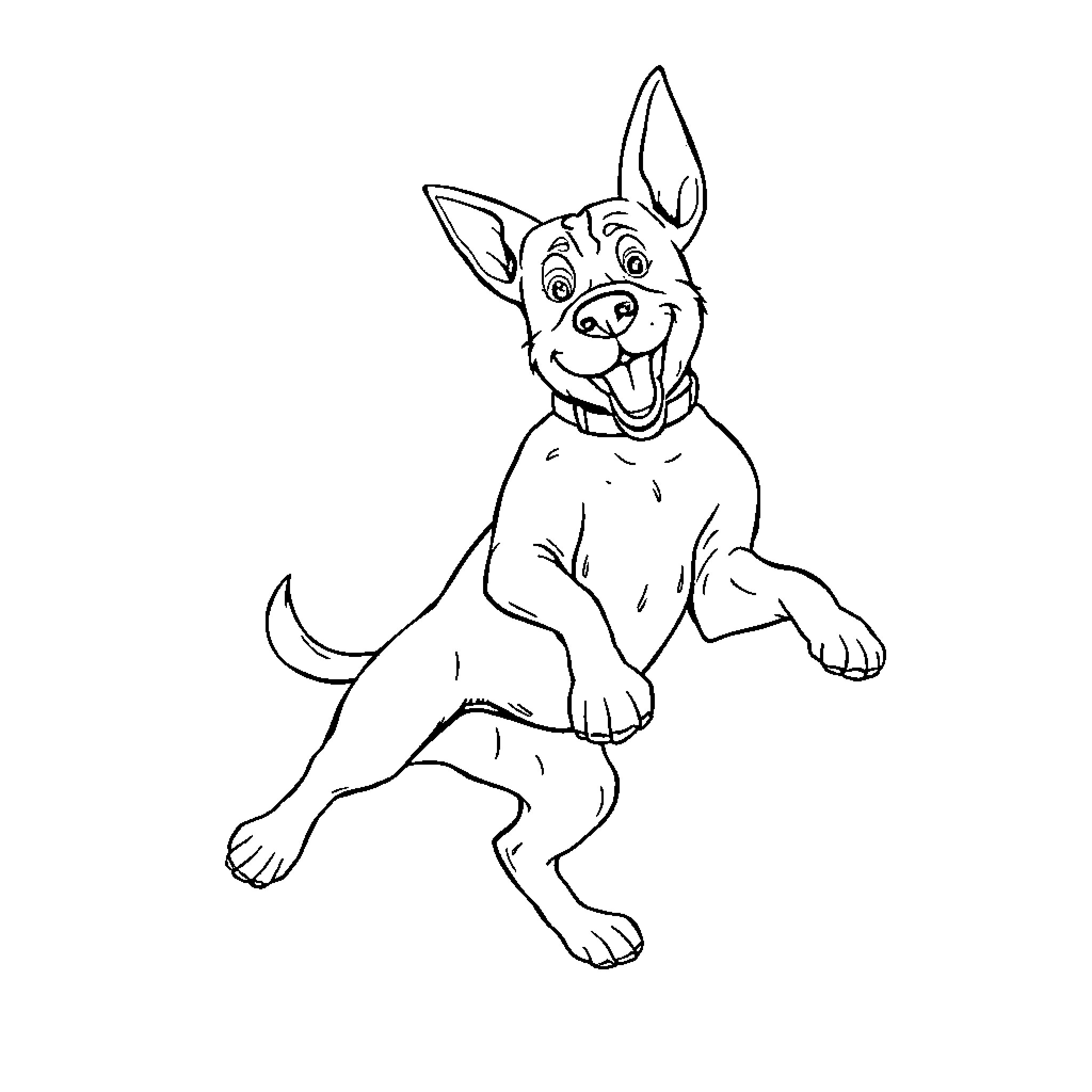 Dog happily jumping in the air Coloring Page (free black-and-white line drawing printable PDF for all, from beginners to advanced learners, including children, teens, adults, and seniors)