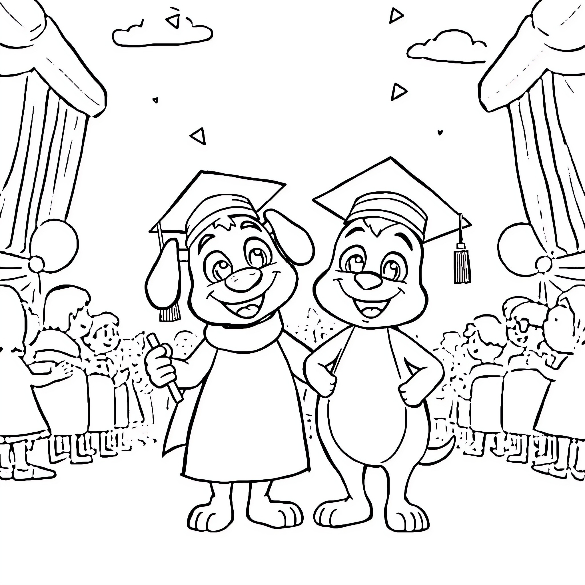 Bluey Graduates with Excitement Coloring Page (free black-and-white line drawing printable PDF for all, from beginners to advanced learners, including children, teens, adults, and seniors)