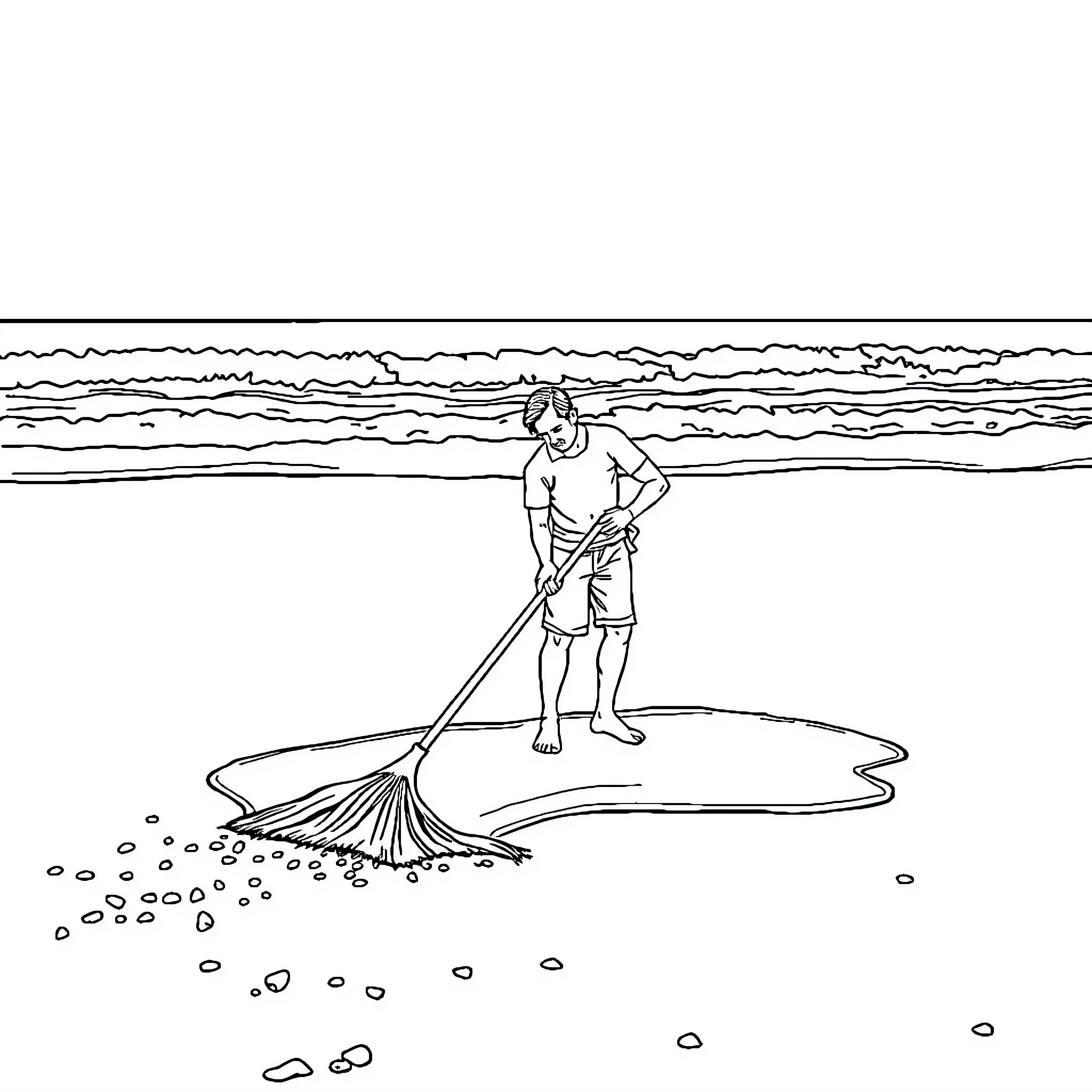 Man cleaning the beach with a rake Coloring Page (free black-and-white line drawing printable PDF for all, from beginners to advanced learners, including children, teens, adults, and seniors)