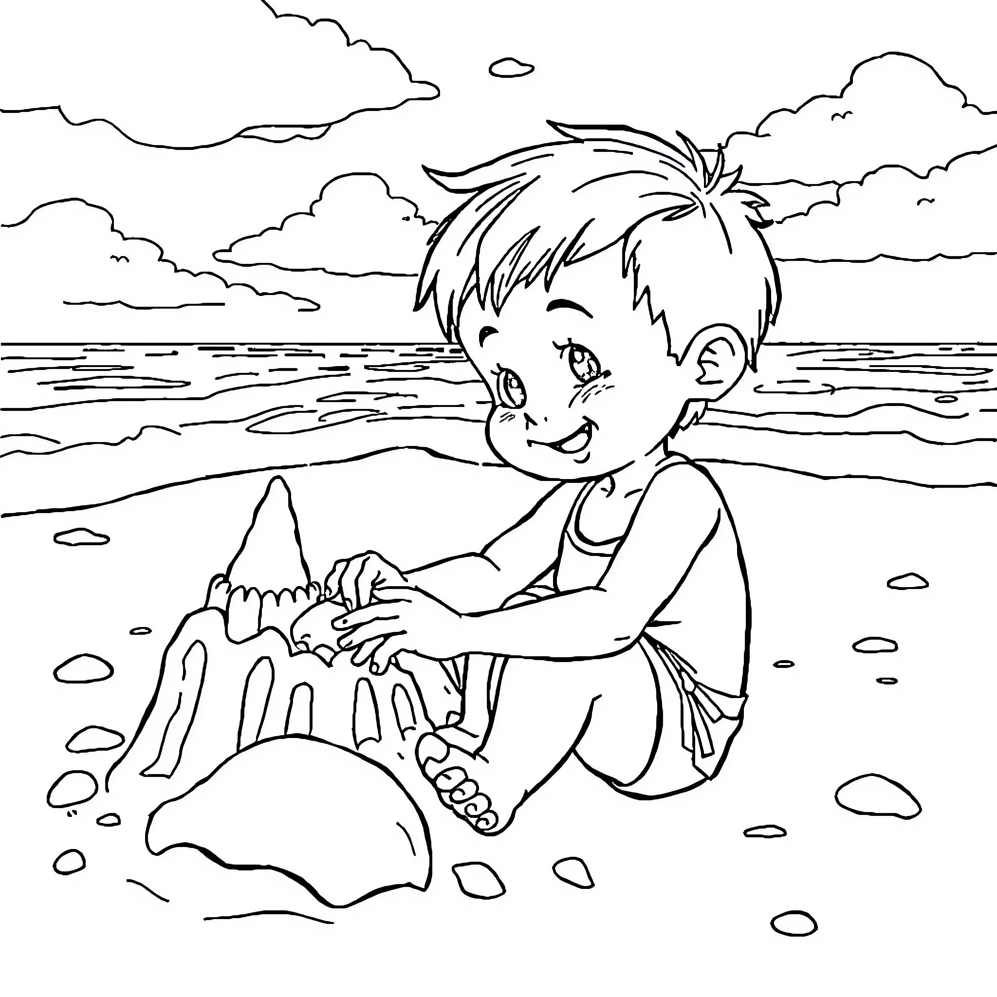 Child building a sandcastle on the beach Coloring Page (free black-and-white line drawing printable PDF for all, from beginners to advanced learners, including children, teens, adults, and seniors)