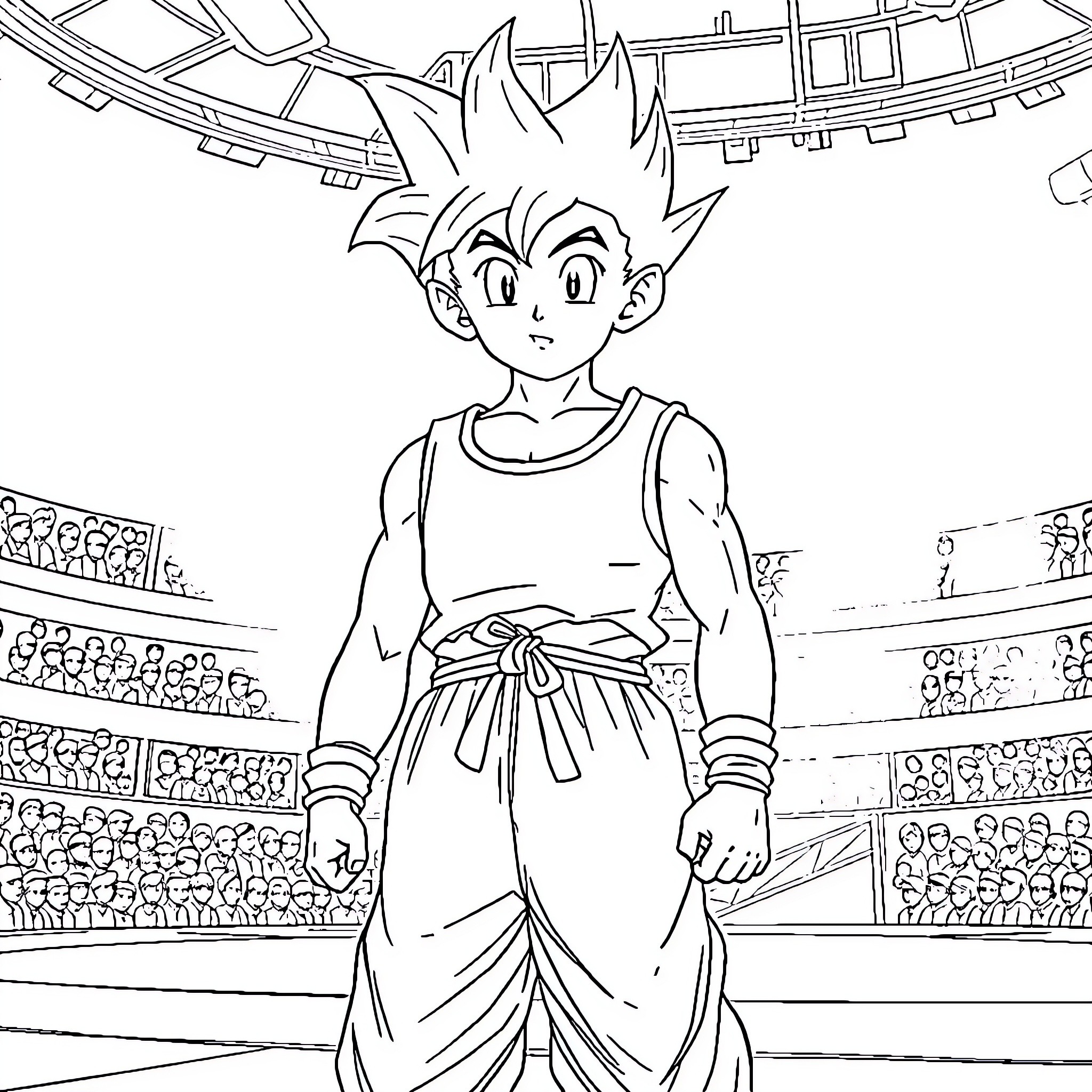 Gohan's Determined Stance in the Arena Coloring Page (free black-and-white line drawing printable PDF for all, from beginners to advanced learners, including children, teens, adults, and seniors)