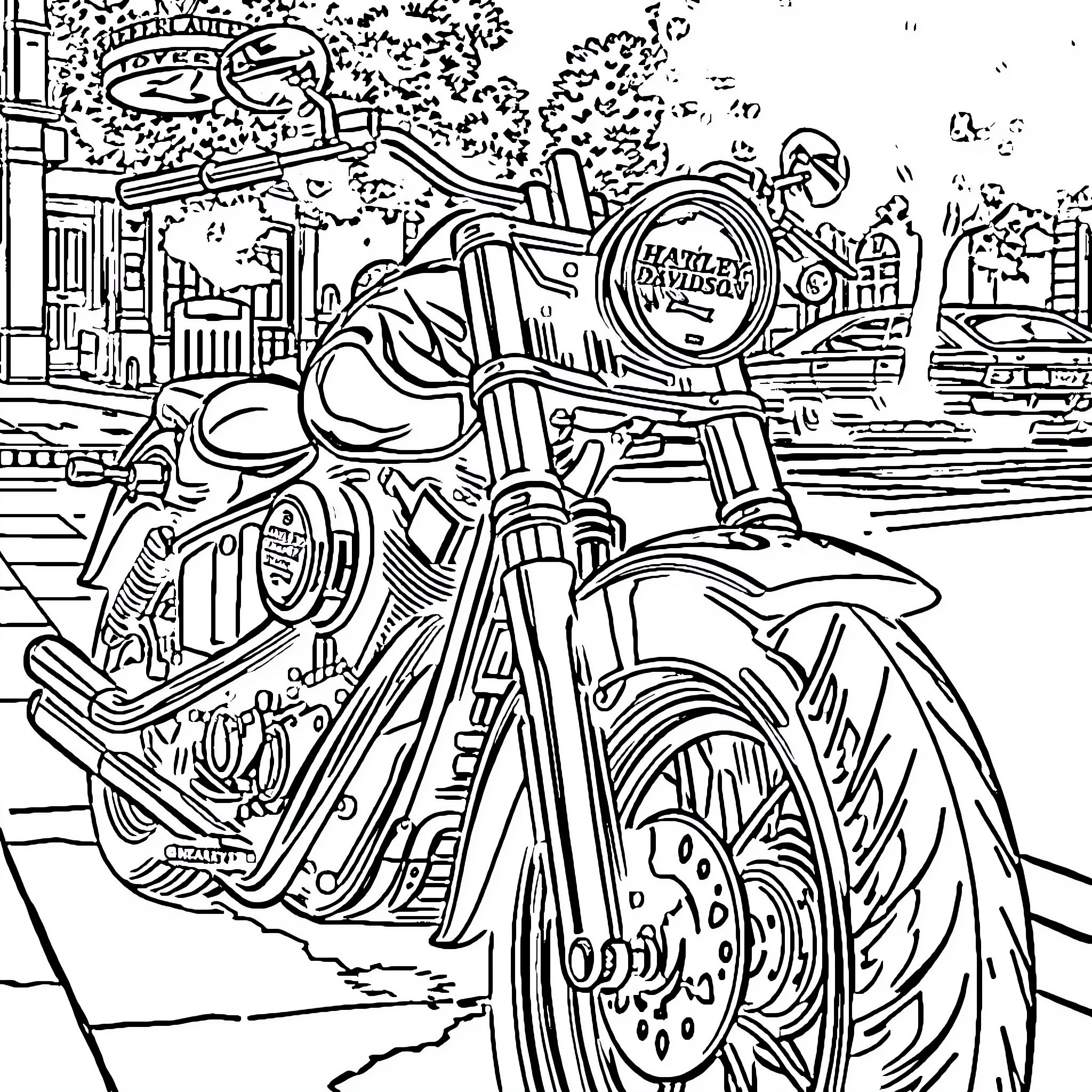 Harley Davidson motorcycle on the city streets Coloring Page (free black-and-white line drawing printable PDF for all, from beginners to advanced learners, including children, teens, adults, and seniors)