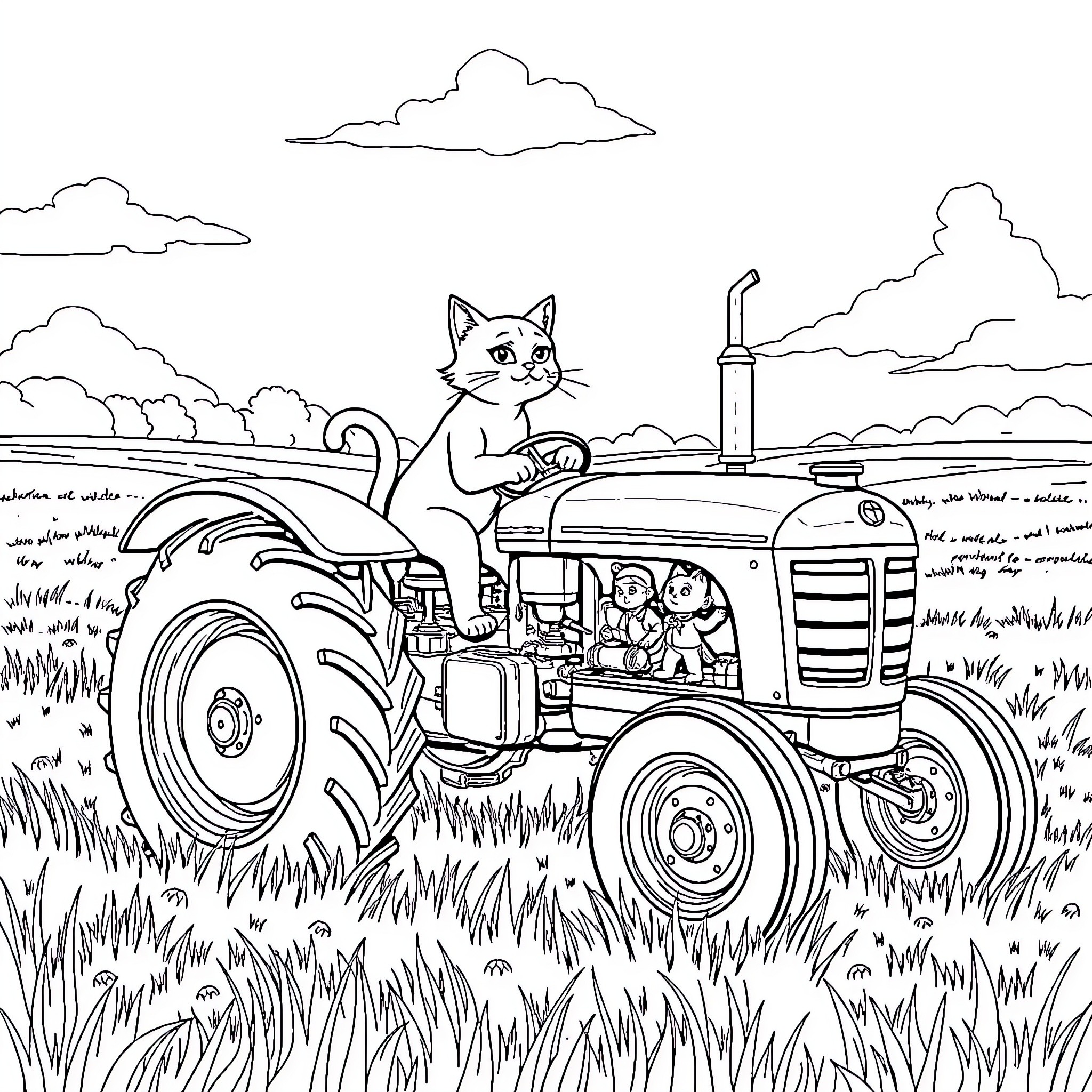 Marie's Countryside Tractor Adventure Coloring Page (free black-and-white line drawing printable PDF for all, from beginners to advanced learners, including children, teens, adults, and seniors)