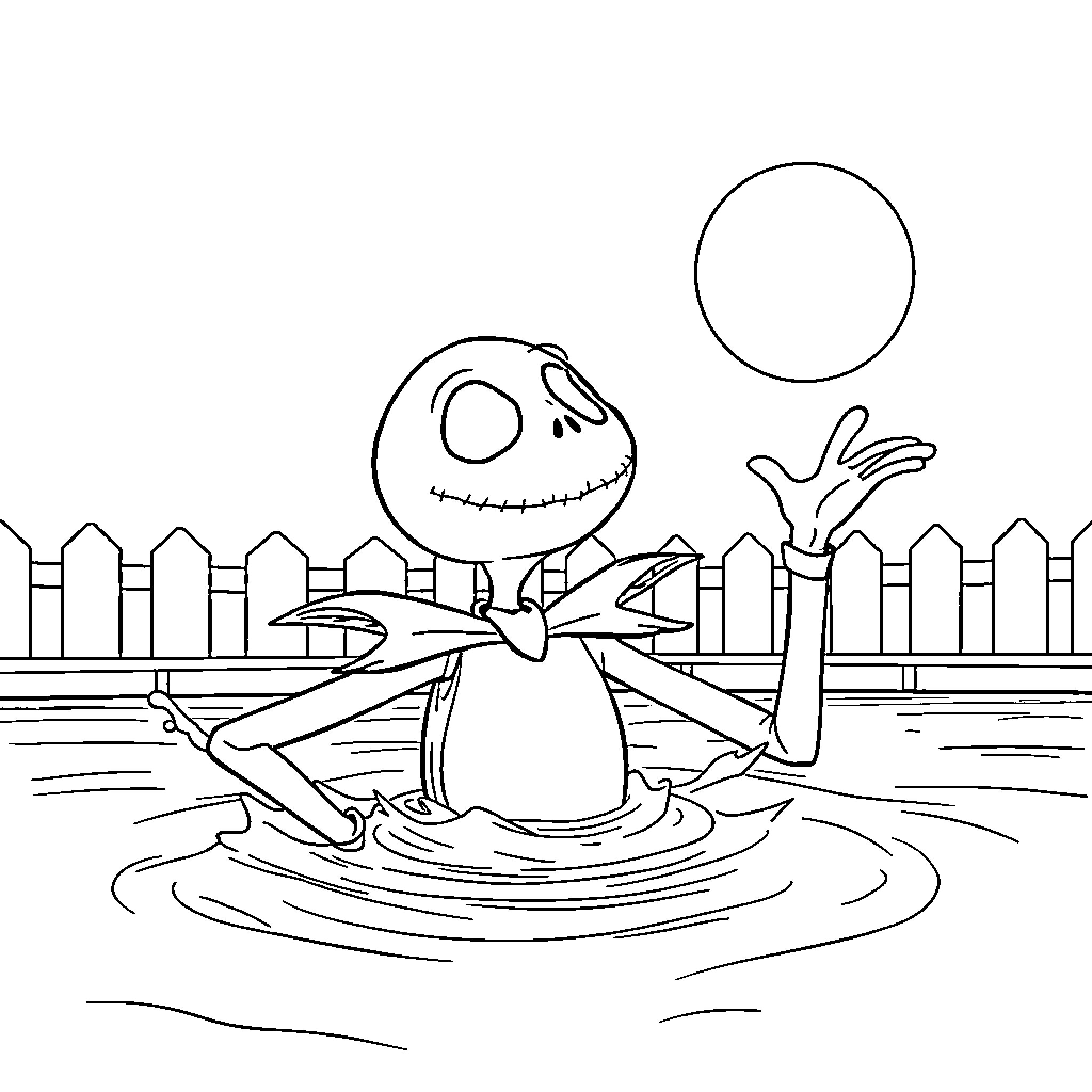 Jack Skellington floating and waving in a pond Coloring Page (free black-and-white line drawing printable PDF for all, from beginners to advanced learners, including children, teens, adults, and seniors)
