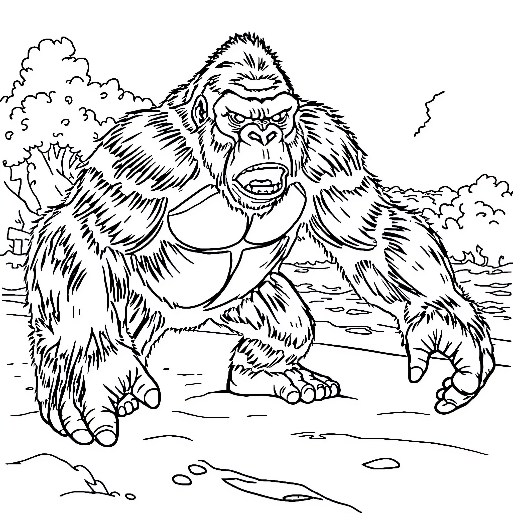 King Kong's Fierce Encounter in the Wild Coloring Page (free black-and-white line drawing printable PDF for all, from beginners to advanced learners, including children, teens, adults, and seniors)
