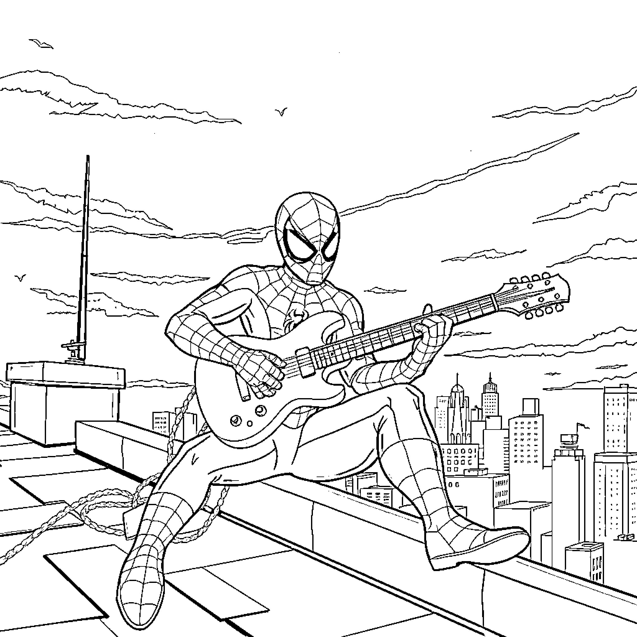 Spiderman playing guitar on city rooftop Coloring Page (free black-and-white line drawing printable PDF for all, from beginners to advanced learners, including children, teens, adults, and seniors)