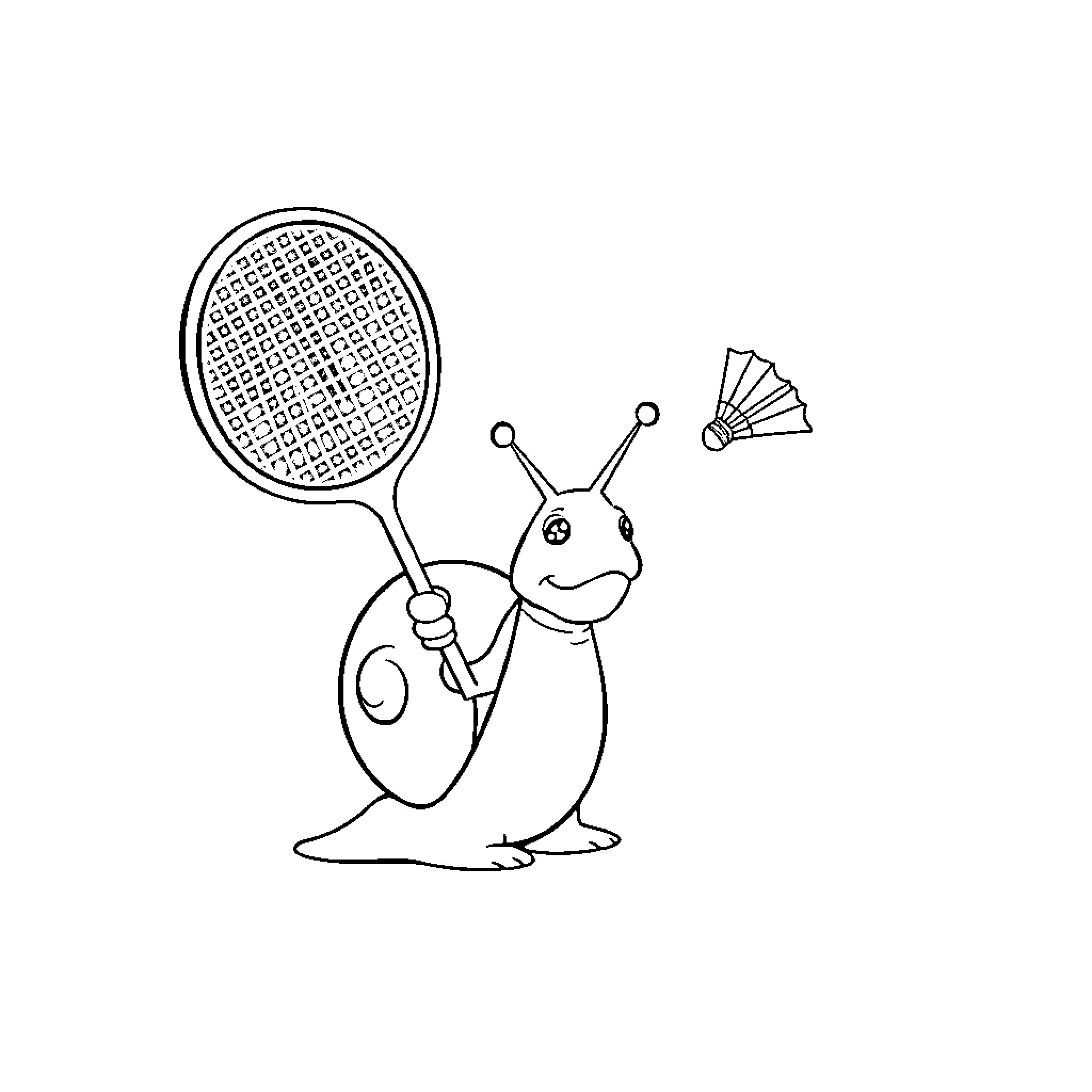 Snail playing badminton with shuttlecock Coloring Page (free black-and-white line drawing printable PDF for all, from beginners to advanced learners, including children, teens, adults, and seniors)