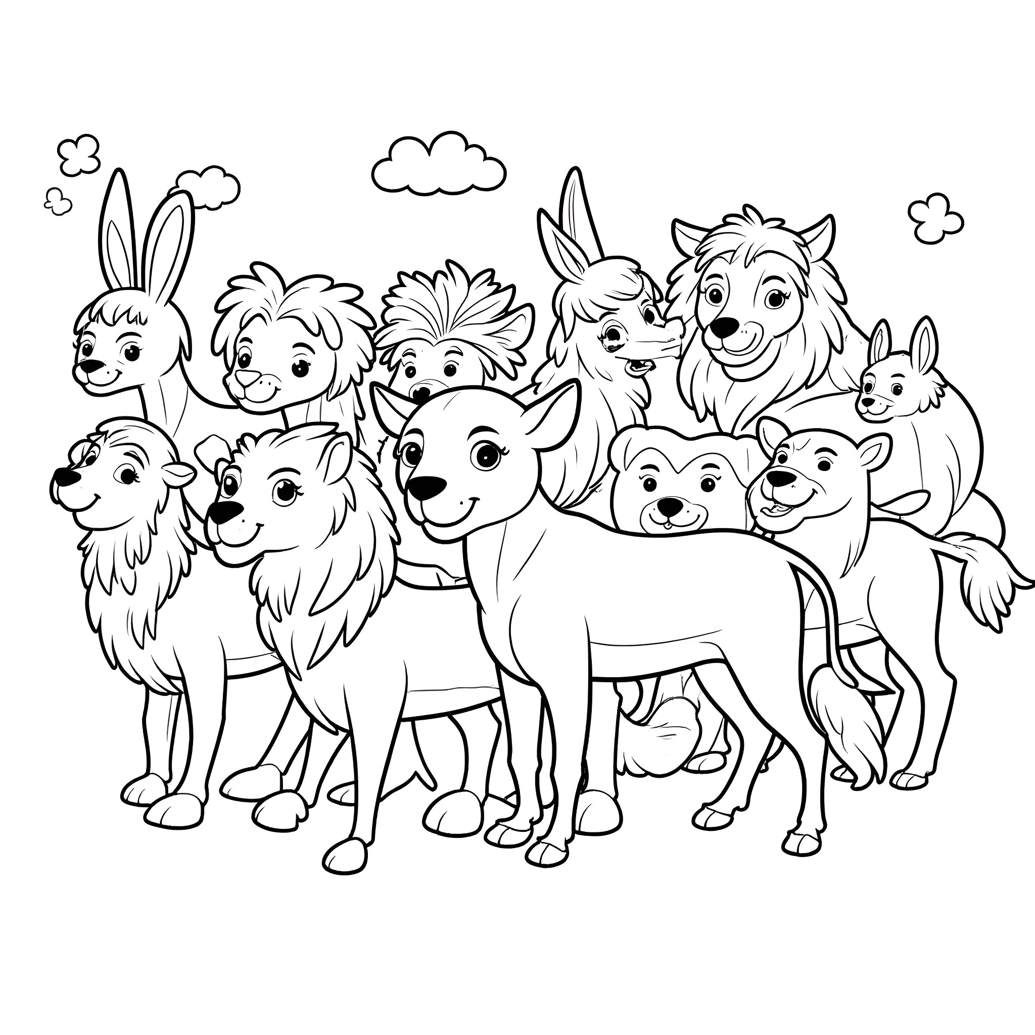 Animal pack of cute cartoon dogs and rabbits Coloring Page (free black-and-white line drawing printable PDF for all, from beginners to advanced learners, including children, teens, adults, and seniors)
