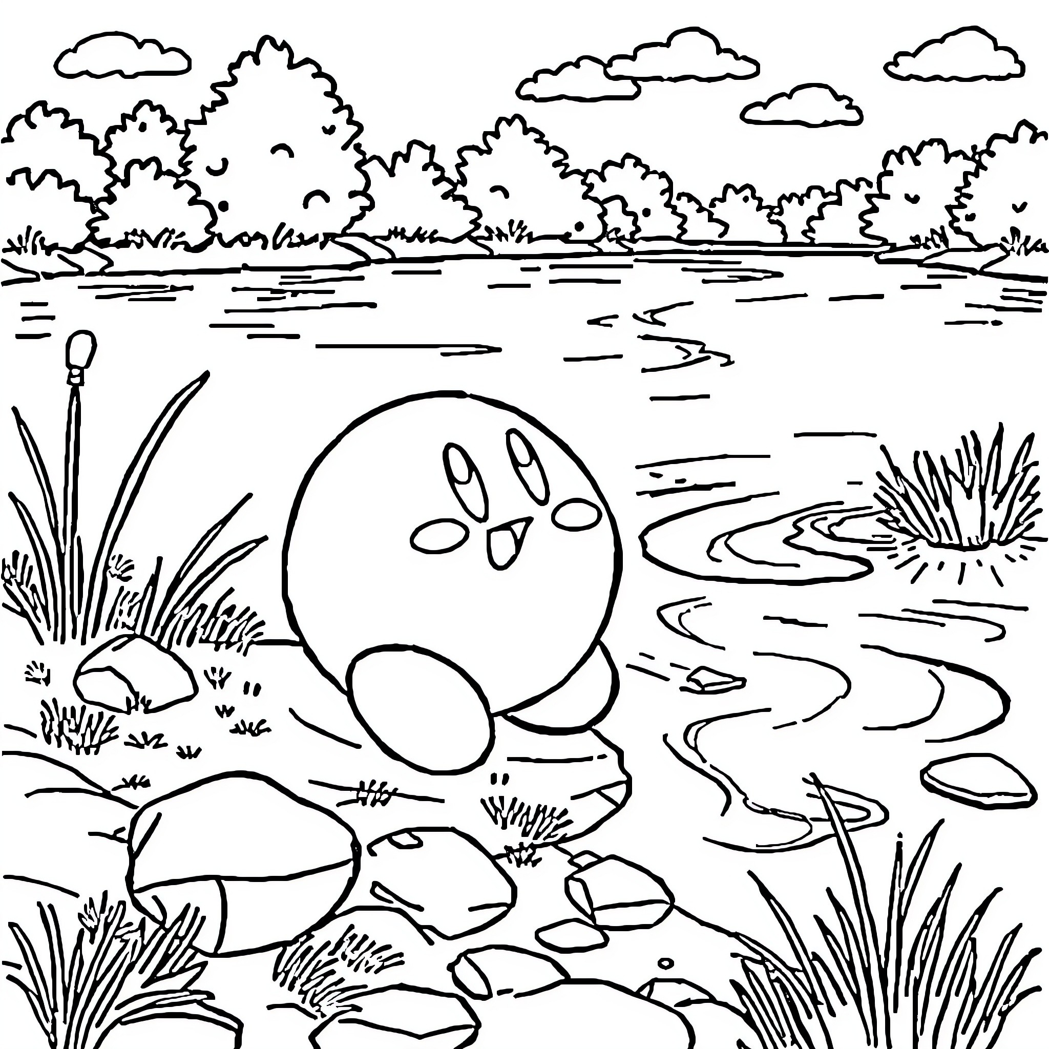 Kirby resting peacefully in a serene landscape Coloring Page (free black-and-white line drawing printable PDF for all, from beginners to advanced learners, including children, teens, adults, and seniors)