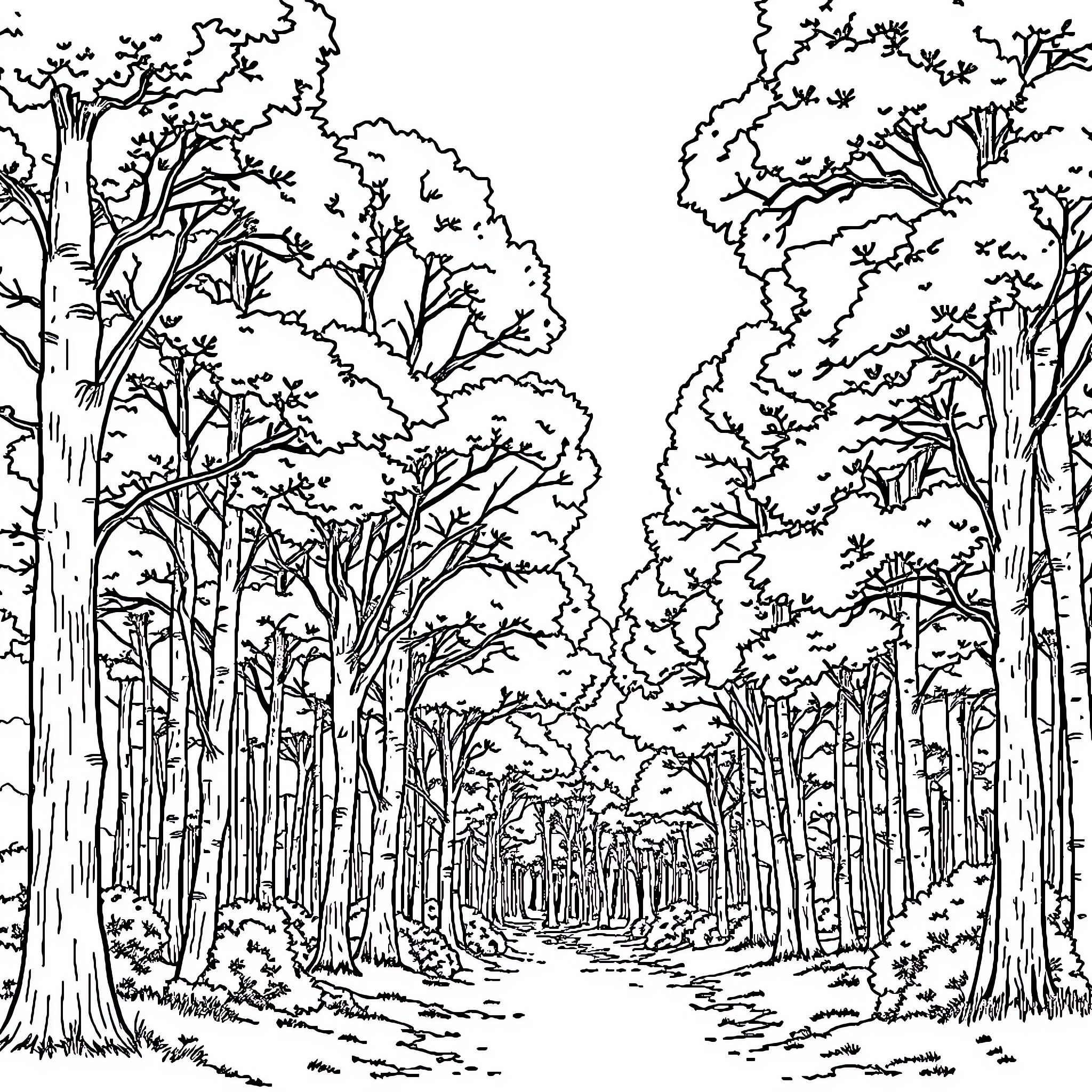 Forest Path Through Lush Woodland Landscape Coloring Page (free black-and-white line drawing printable PDF for all, from beginners to advanced learners, including children, teens, adults, and seniors)