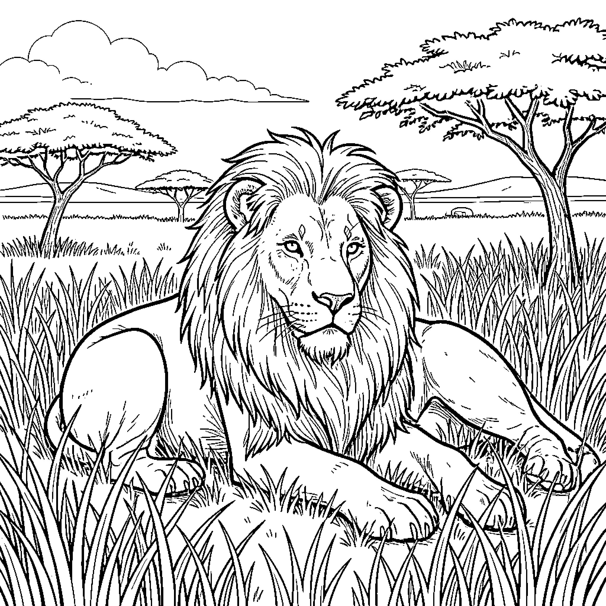 Lion resting peacefully in African savanna Coloring Page (free black-and-white line drawing printable PDF for all, from beginners to advanced learners, including children, teens, adults, and seniors)