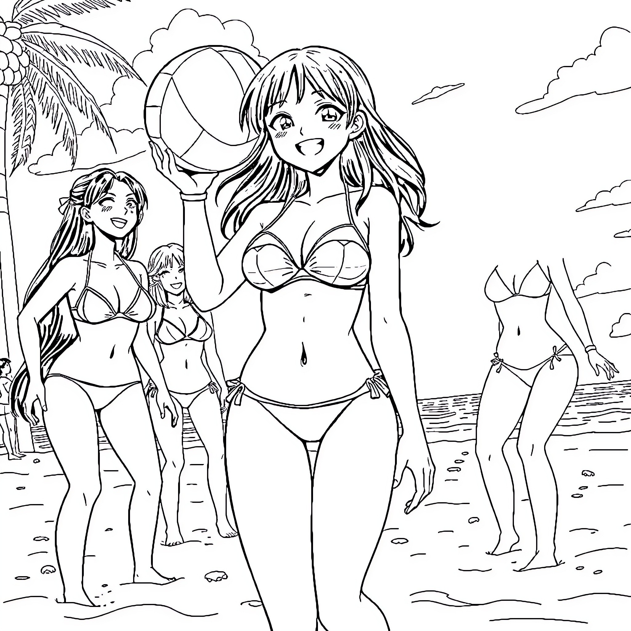 Tsuyu and Friends Enjoying Beach Vacation Coloring Page (free black-and-white line drawing printable PDF for all, from beginners to advanced learners, including children, teens, adults, and seniors)