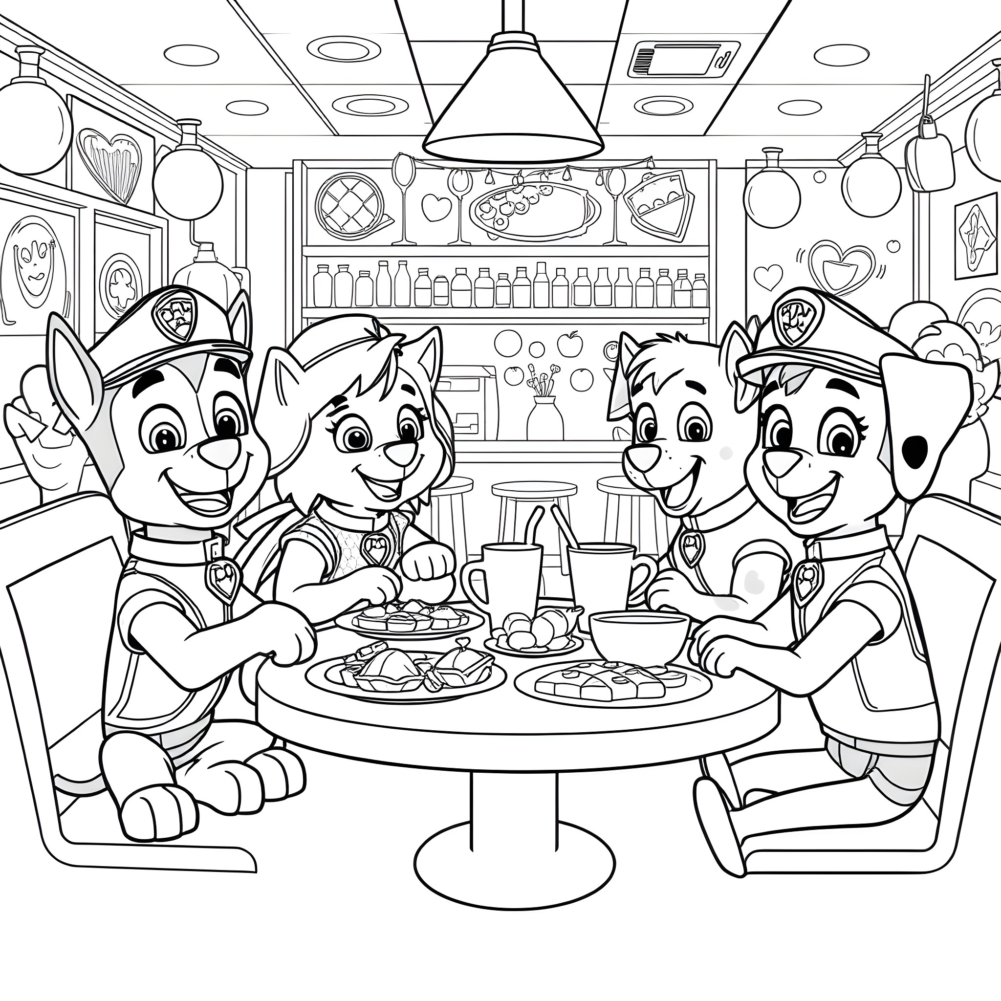 Paw Patrol Pups Enjoying a Meal Together Coloring Page (free black-and-white line drawing printable PDF for all, from beginners to advanced learners, including children, teens, adults, and seniors)