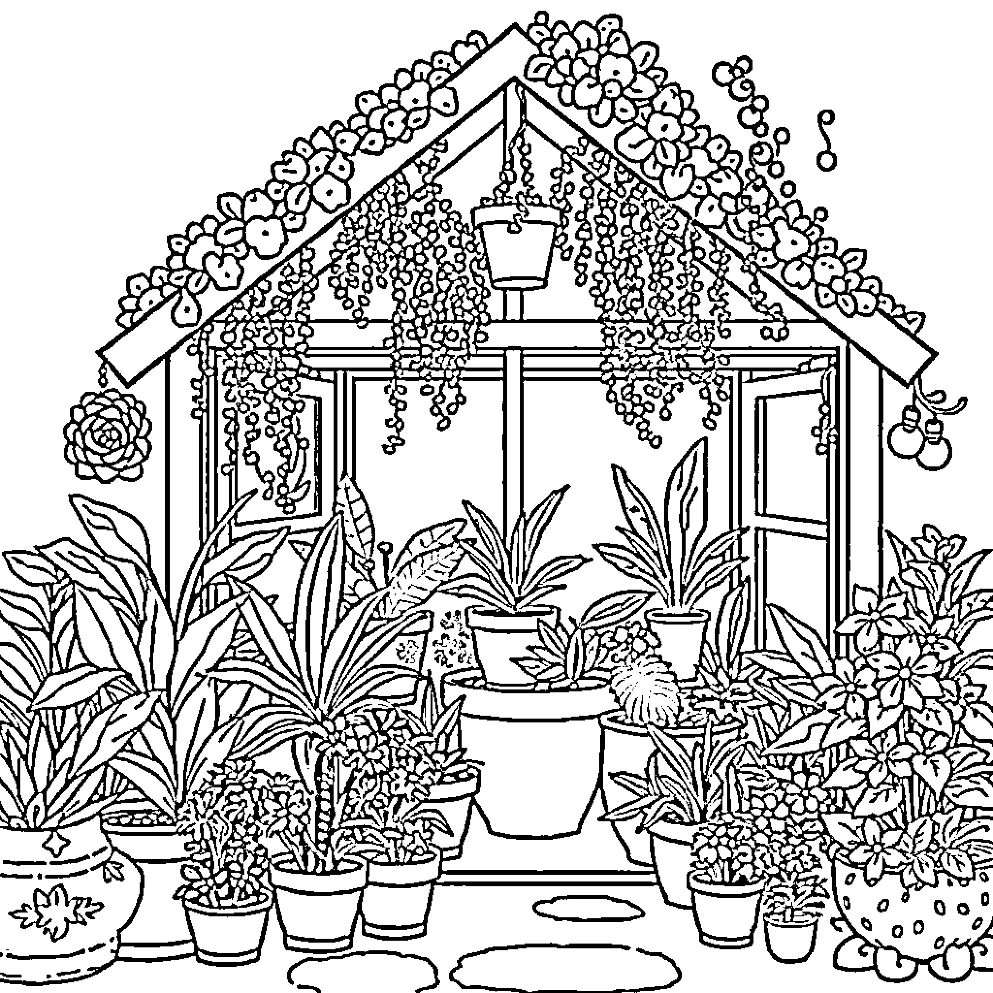 Plant-filled conservatory with decorative elements Coloring Page (free black-and-white line drawing printable PDF for all, from beginners to advanced learners, including children, teens, adults, and seniors)