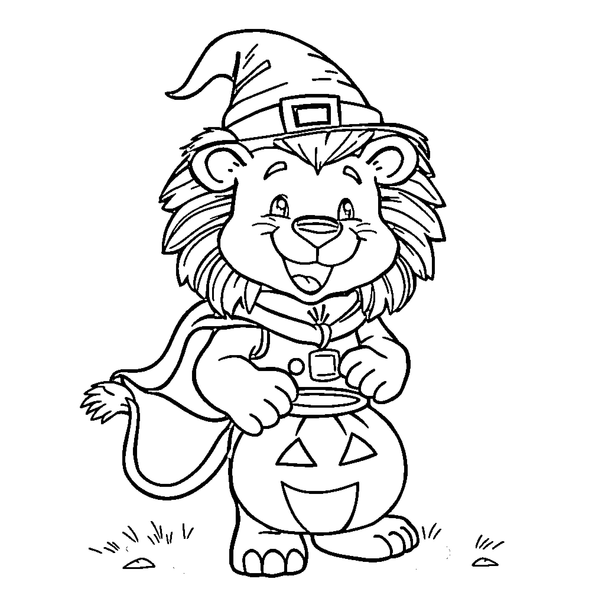 Lion in Halloween costume holding pumpkin Coloring Page (free black-and-white line drawing printable PDF for all, from beginners to advanced learners, including children, teens, adults, and seniors)