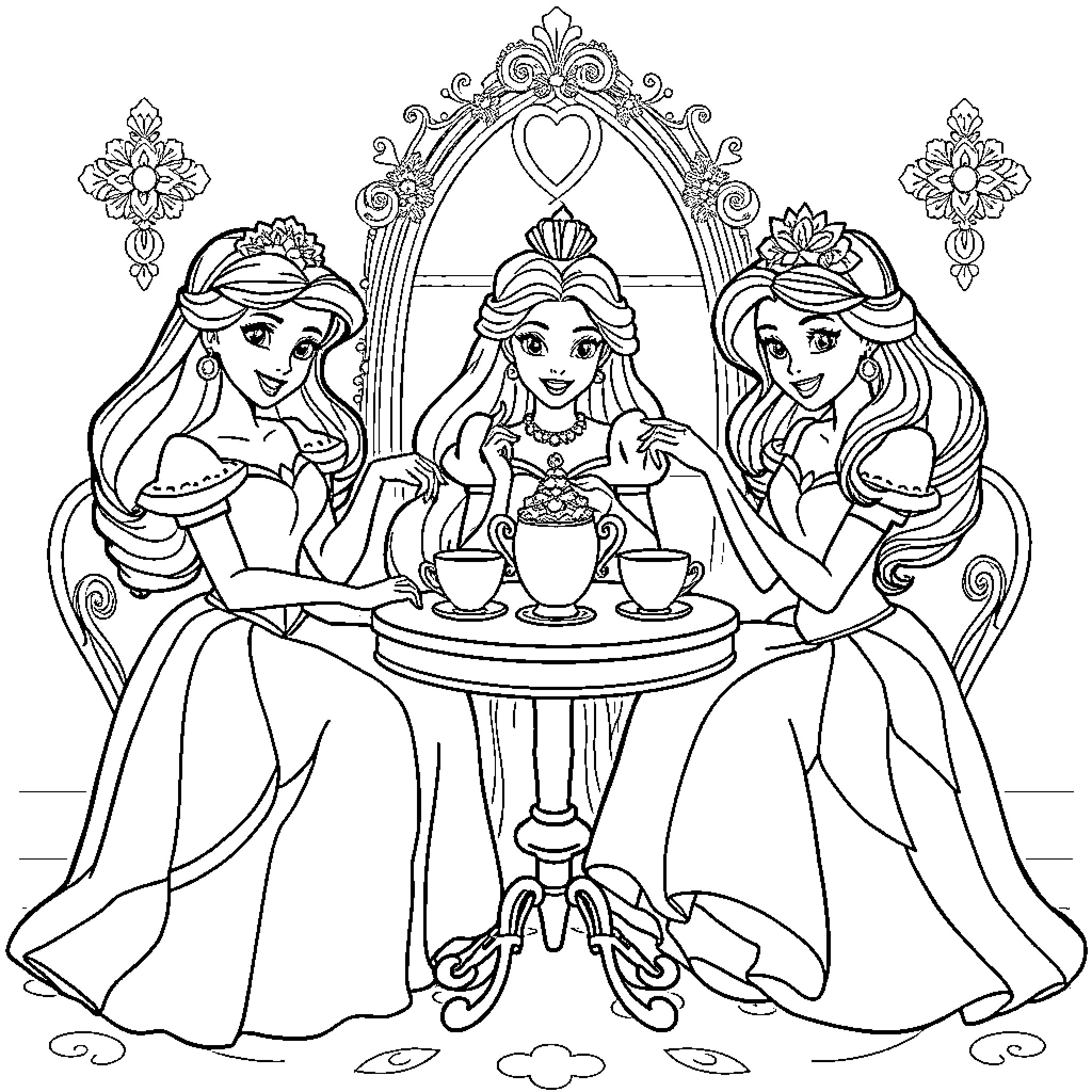 Princess Tea Party with Elegant Attire Coloring Page (free black-and-white line drawing printable PDF for all, from beginners to advanced learners, including children, teens, adults, and seniors)
