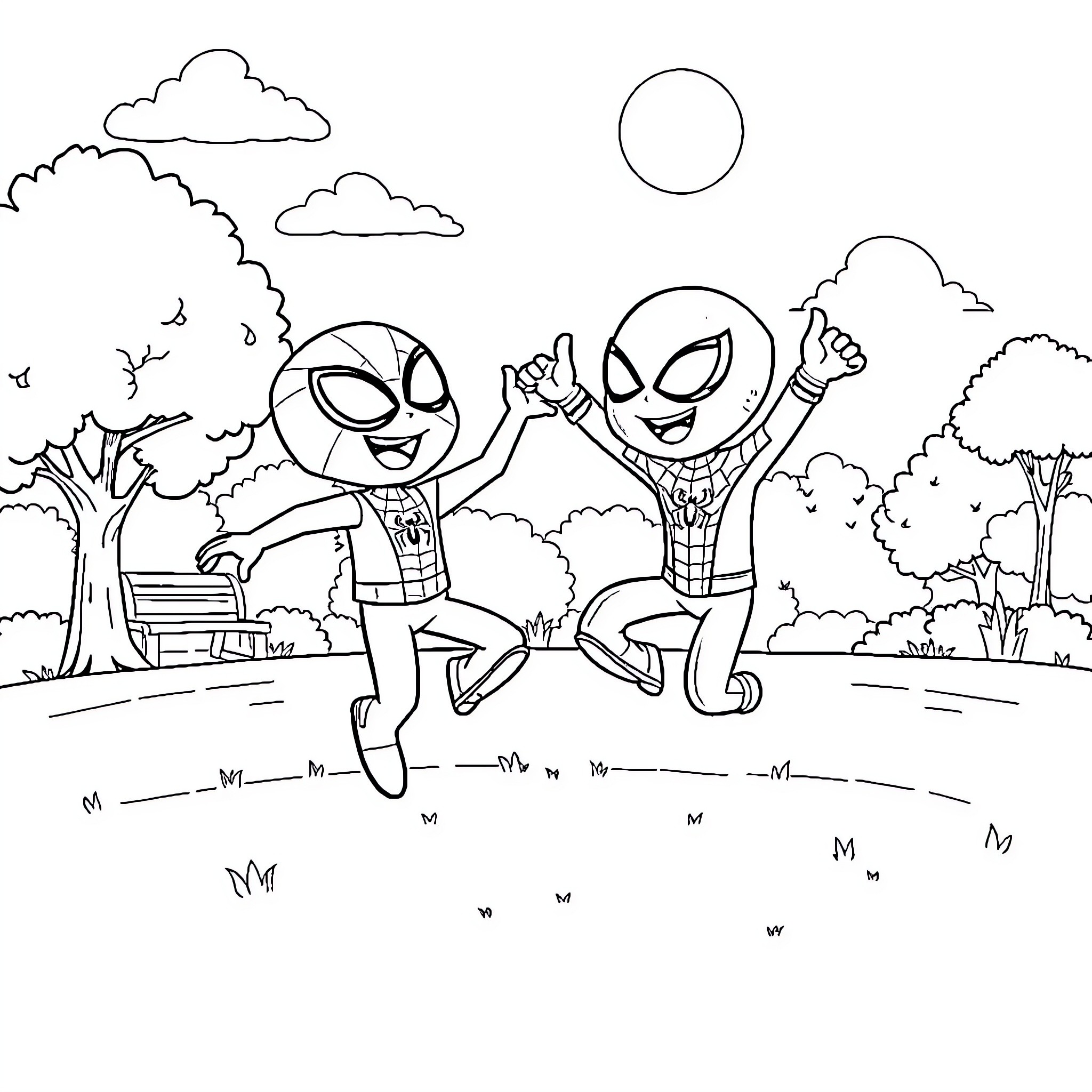 Bluey characters playing joyfully in nature Coloring Page (free black-and-white line drawing printable PDF for all, from beginners to advanced learners, including children, teens, adults, and seniors)