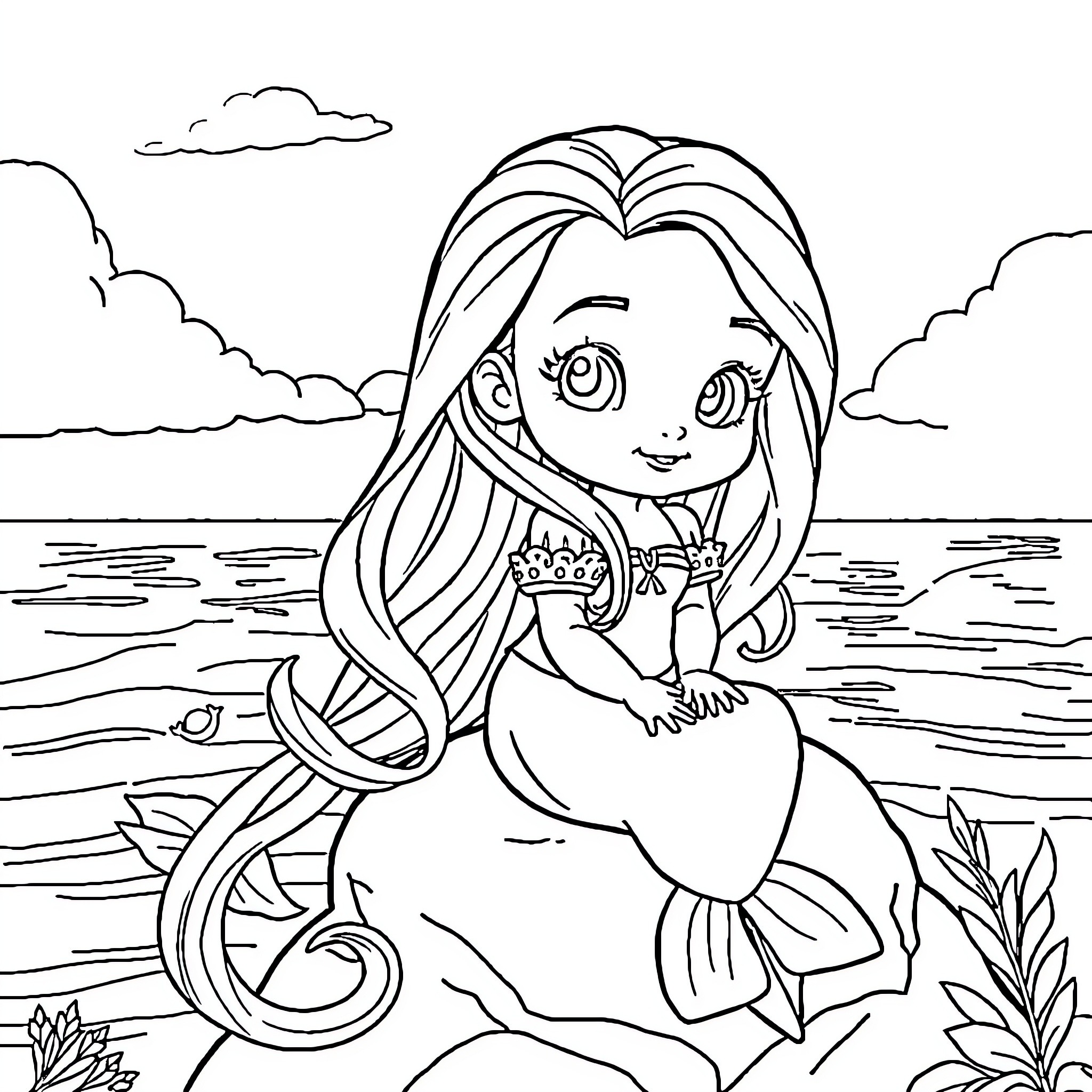 Mermaid Enjoying a Peaceful Day by the Sea Coloring Page (free black-and-white line drawing printable PDF for all, from beginners to advanced learners, including children, teens, adults, and seniors)
