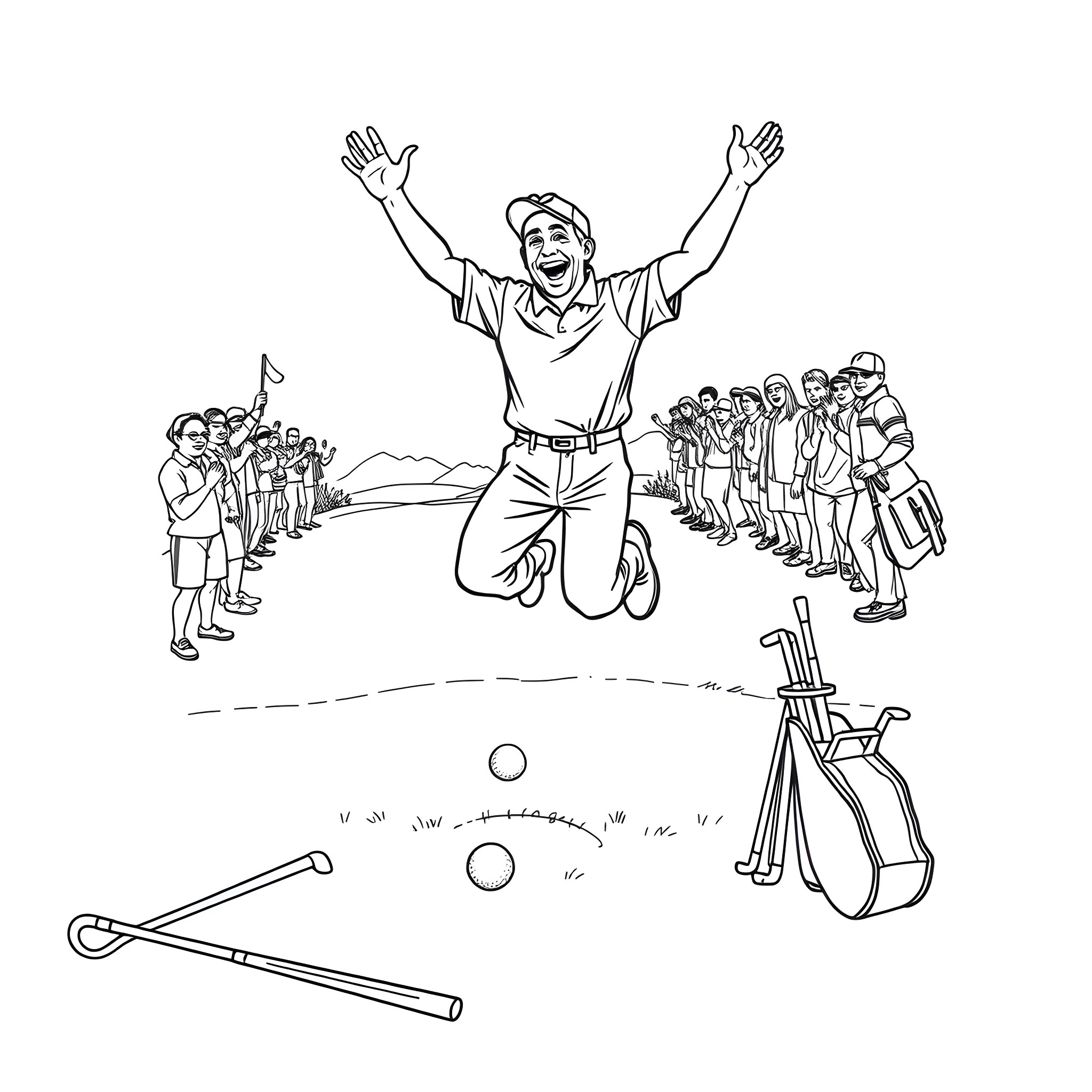 Happy Gilmore's Triumphant Golfing Victory Celebration Coloring Page (free black-and-white line drawing printable PDF for all, from beginners to advanced learners, including children, teens, adults, and seniors)