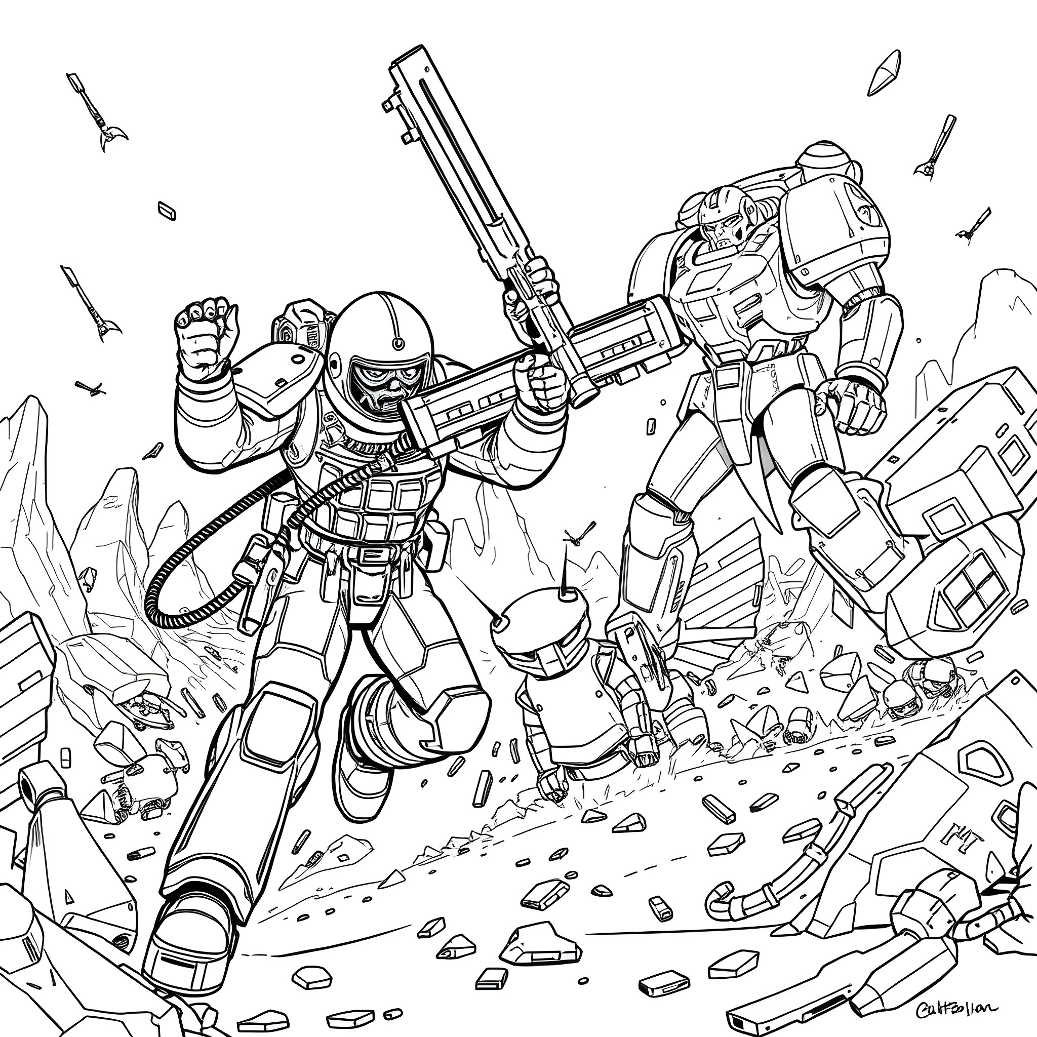 Hell Diver in Action - Warrior Battles Amidst Ruins Coloring Page (free black-and-white line drawing printable PDF for all, from beginners to advanced learners, including children, teens, adults, and seniors)