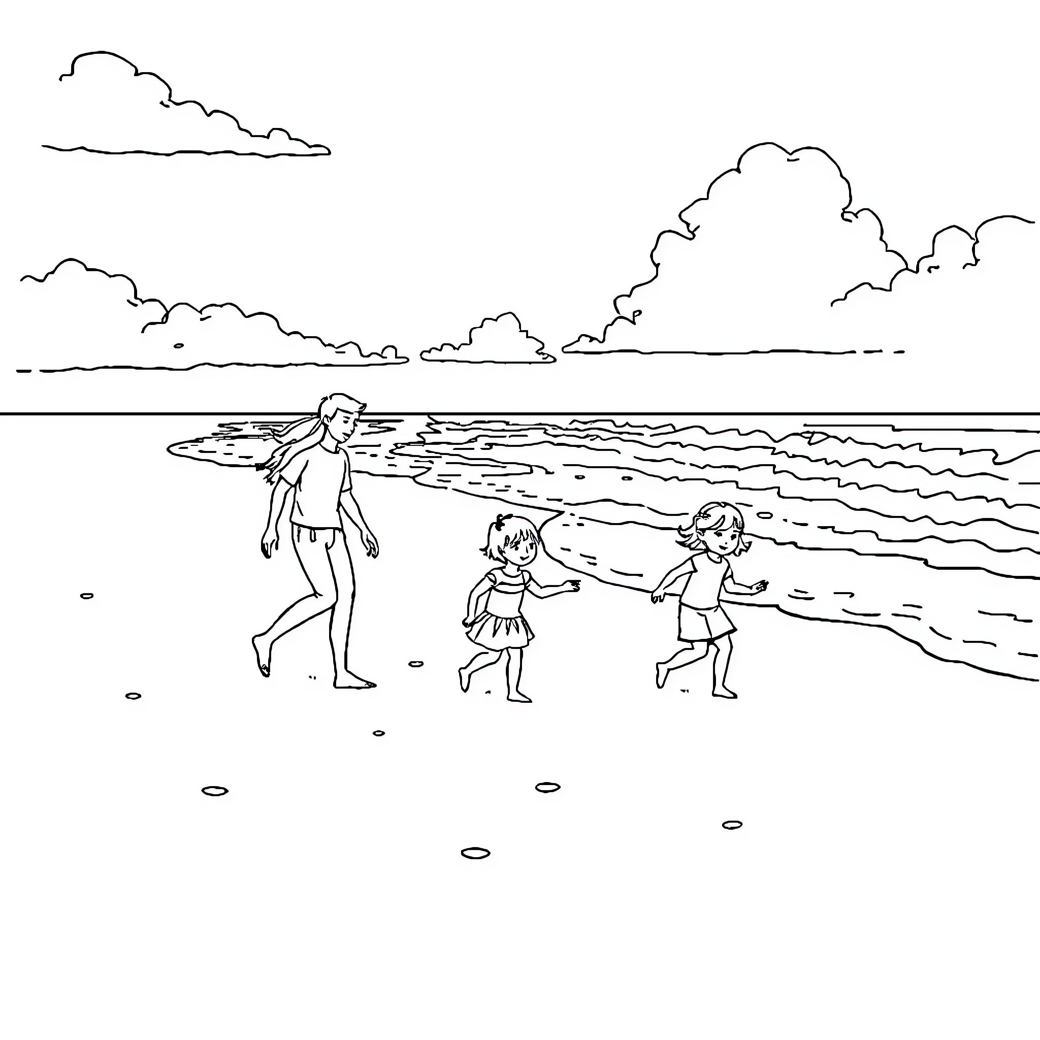 Family playing happily at the beach Coloring Page (free black-and-white line drawing printable PDF for all, from beginners to advanced learners, including children, teens, adults, and seniors)