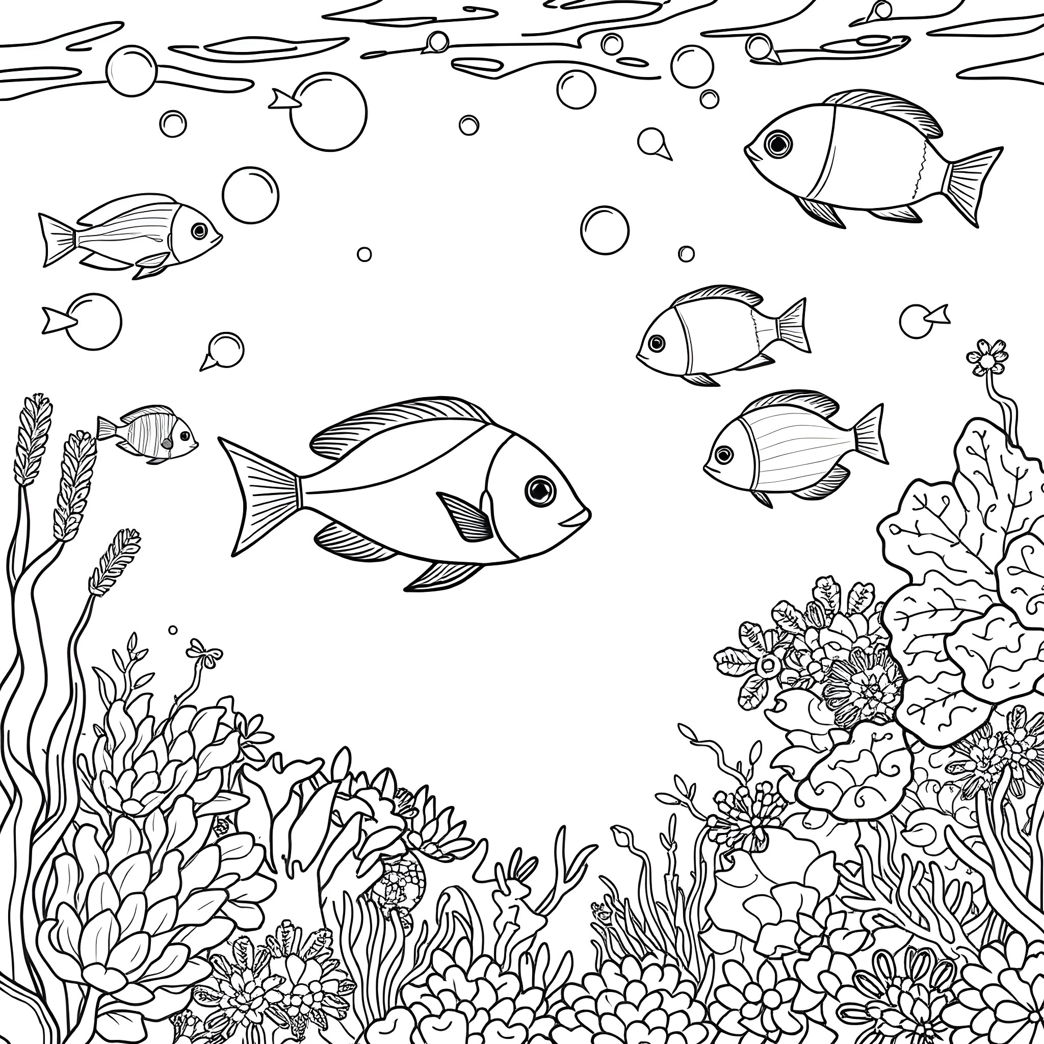 Tropical Fish Swimming in Underwater Coral Reef Coloring Page (free black-and-white line drawing printable PDF for all, from beginners to advanced learners, including children, teens, adults, and seniors)