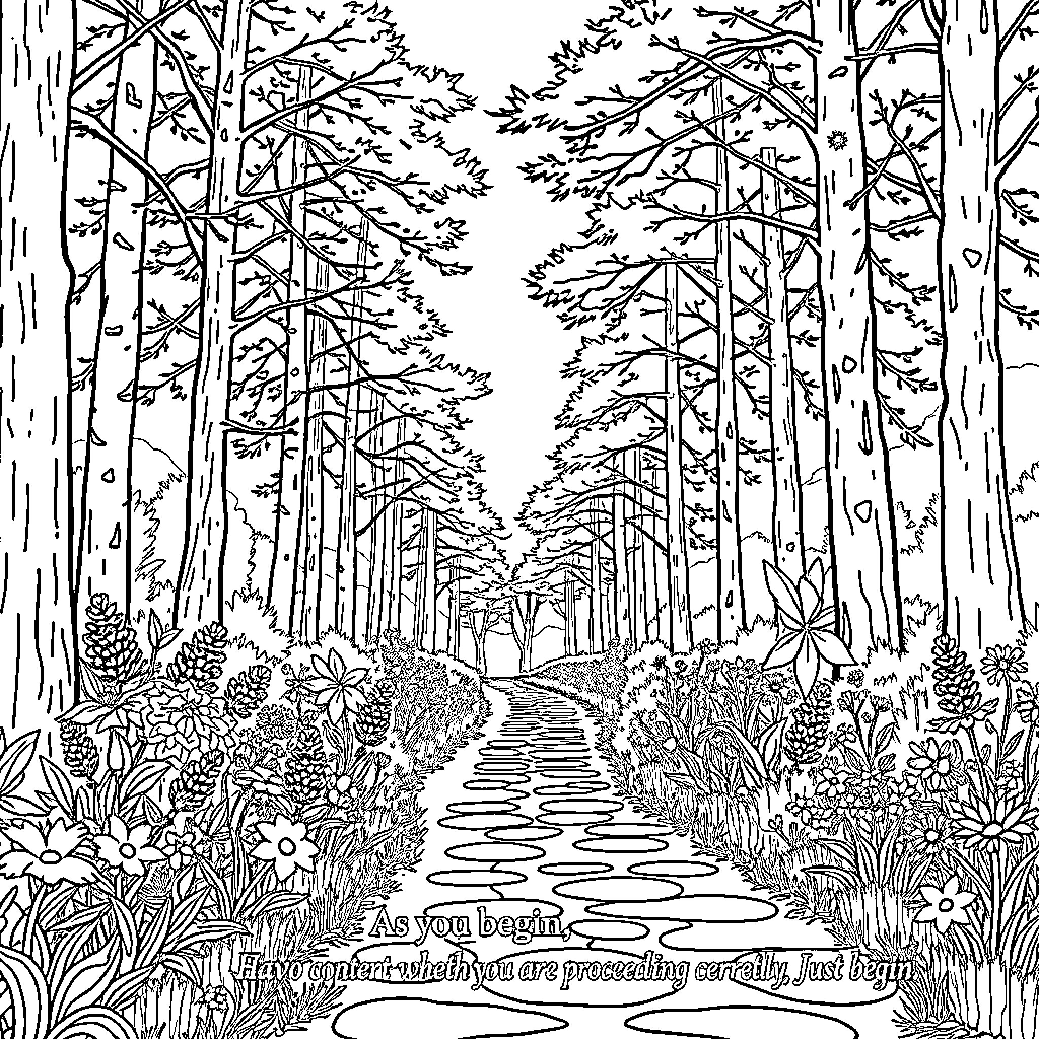 Path through serene forest landscape Coloring Page (free black-and-white line drawing printable PDF for all, from beginners to advanced learners, including children, teens, adults, and seniors)