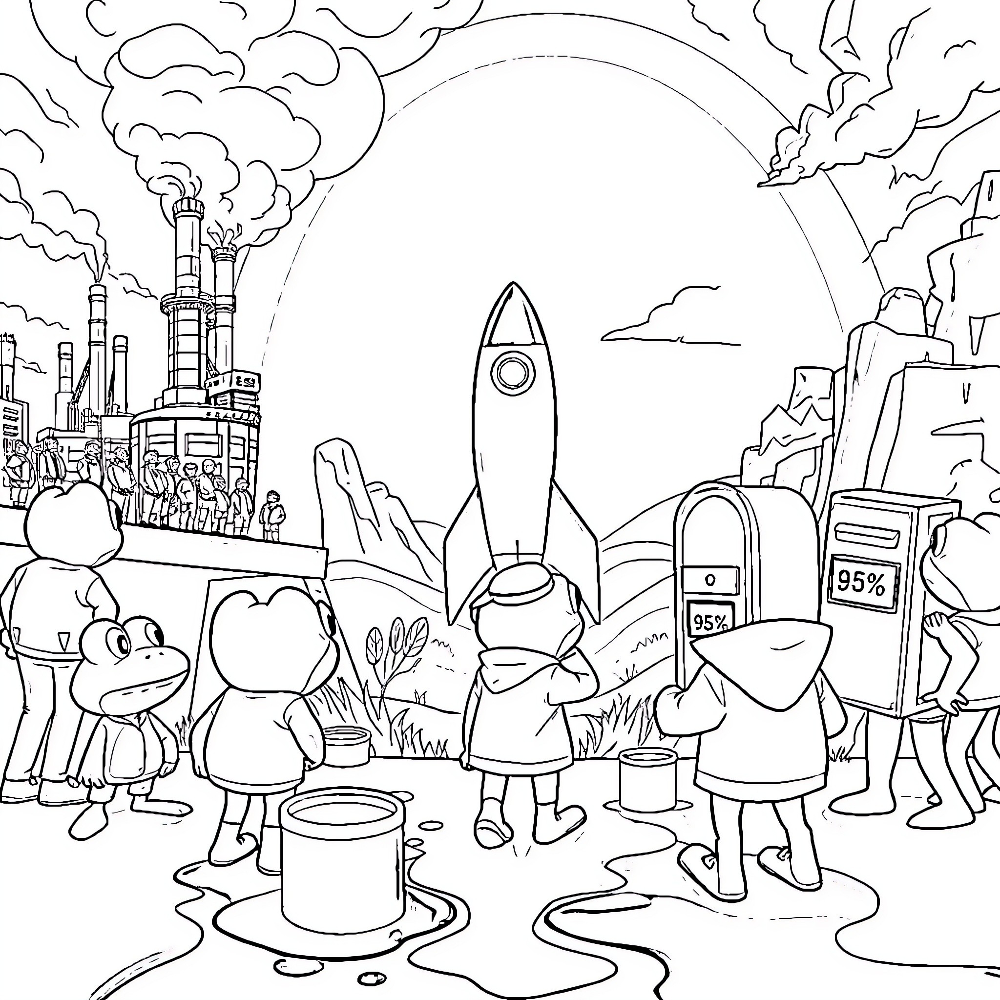 Pepe and Friends Exploring the Futuristic Cityscape Coloring Page (free black-and-white line drawing printable PDF for all, from beginners to advanced learners, including children, teens, adults, and seniors)
