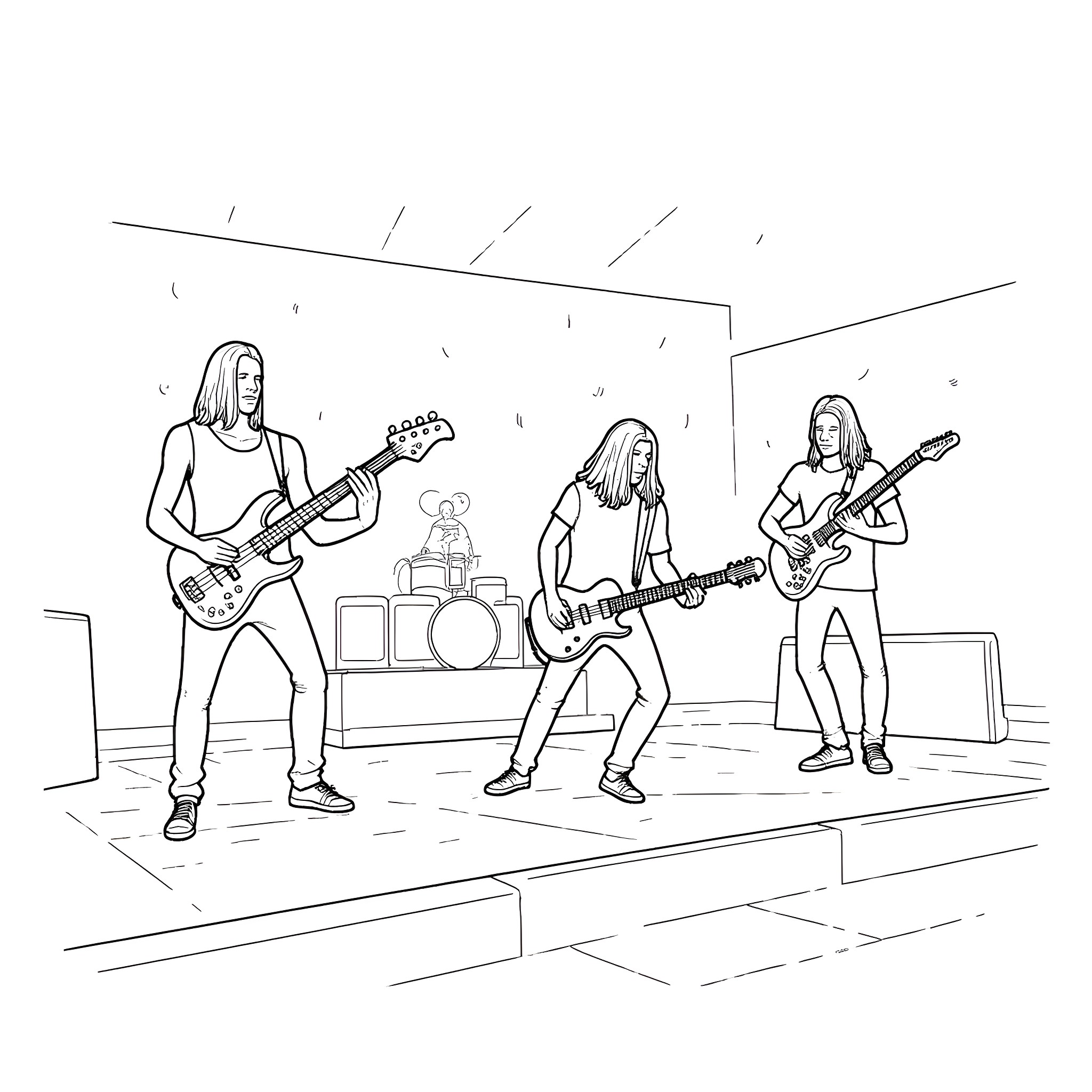 Metallica members performing on stage Coloring Page (free black-and-white line drawing printable PDF for all, from beginners to advanced learners, including children, teens, adults, and seniors)