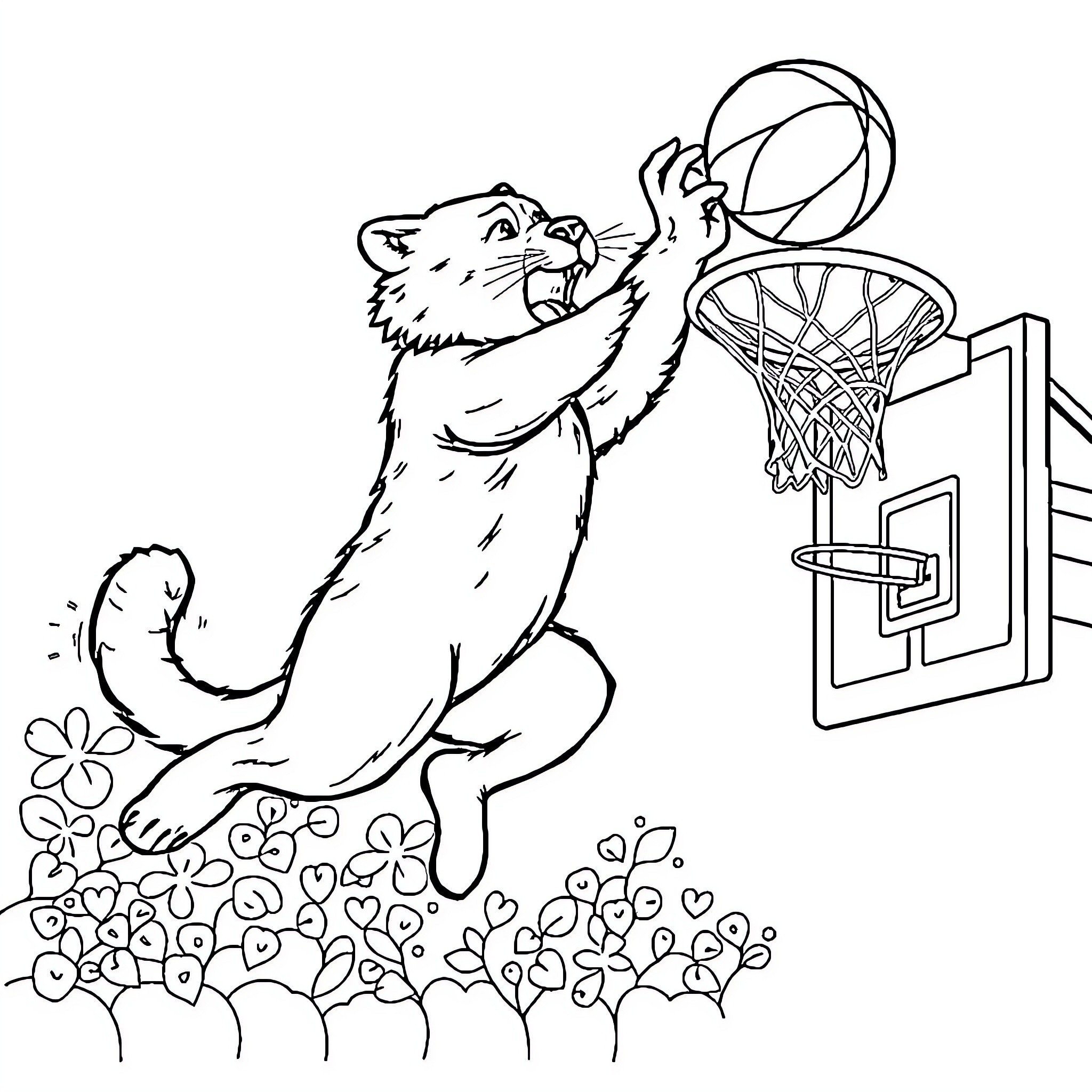 Bearcat playing basketball on the court Coloring Page (free black-and-white line drawing printable PDF for all, from beginners to advanced learners, including children, teens, adults, and seniors)