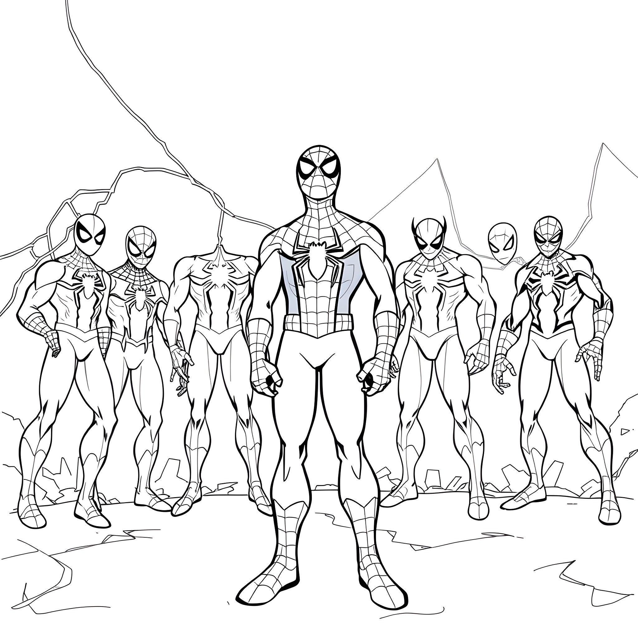 Spider-Man and his superhero allies in action Coloring Page (free black-and-white line drawing printable PDF for all, from beginners to advanced learners, including children, teens, adults, and seniors)