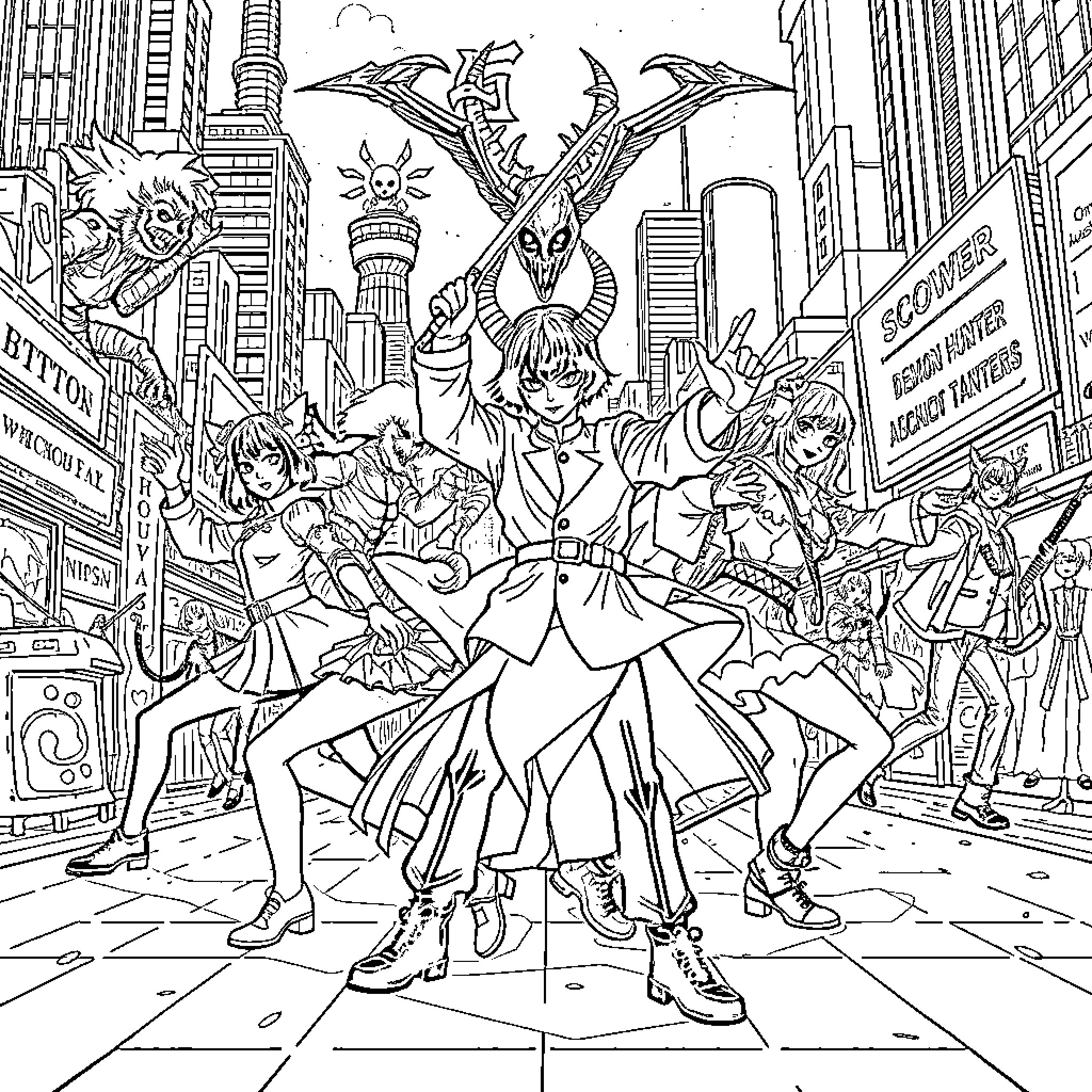 Demon Hunter Leads Fierce Costumed Squad in City Streets Coloring Page (free black-and-white line drawing printable PDF for all, from beginners to advanced learners, including children, teens, adults, and seniors)