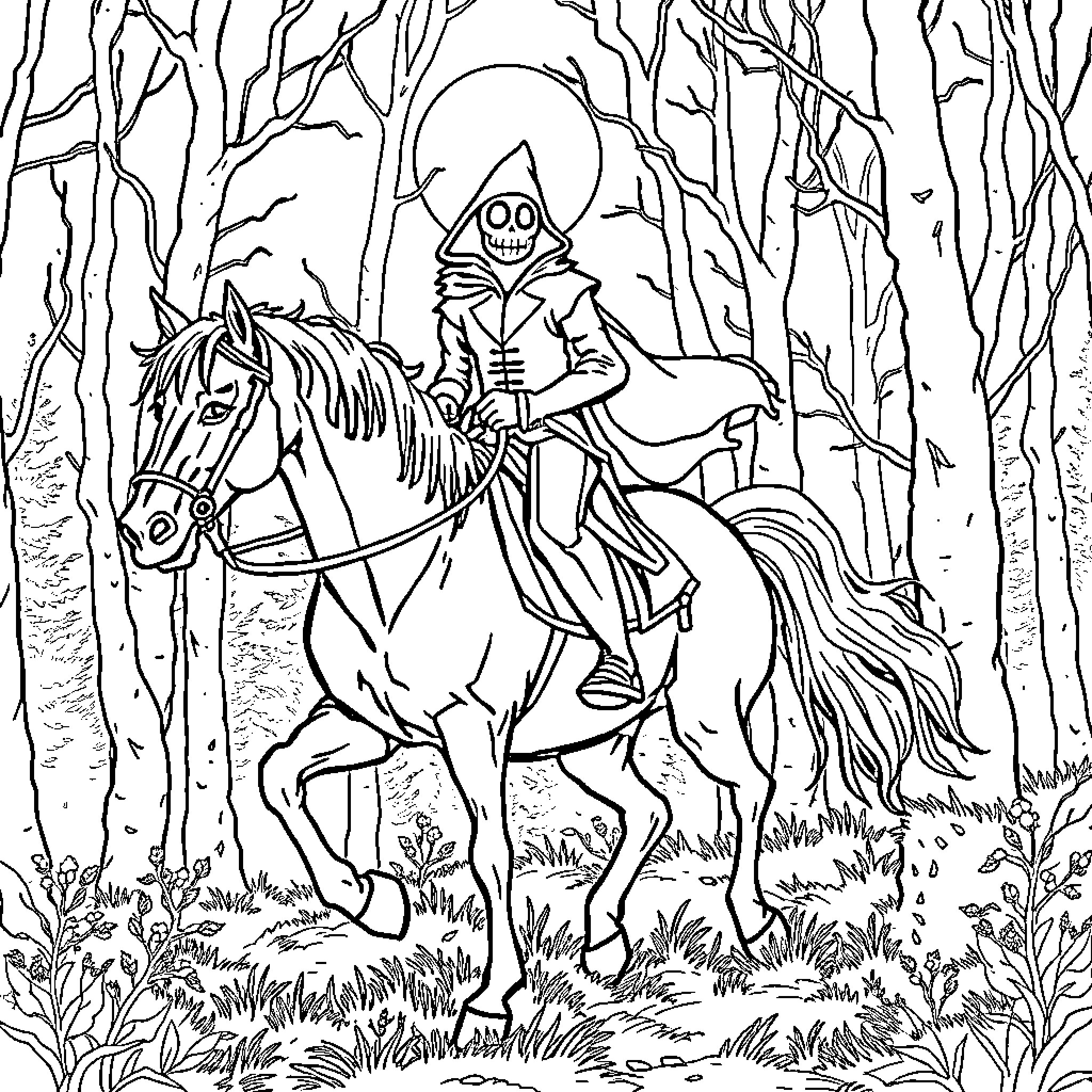 Headless Horseman riding through the spooky forest Coloring Page (free black-and-white line drawing printable PDF for all, from beginners to advanced learners, including children, teens, adults, and seniors)