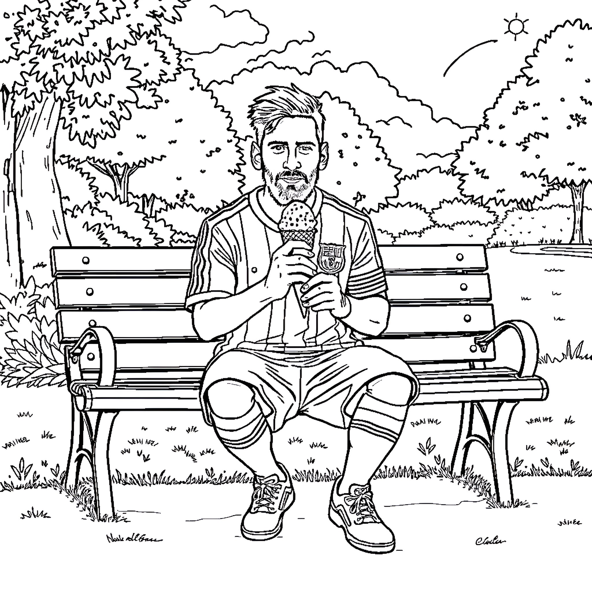 Messi relaxing on a park bench enjoying a refreshment Coloring Page (free black-and-white line drawing printable PDF for all, from beginners to advanced learners, including children, teens, adults, and seniors)