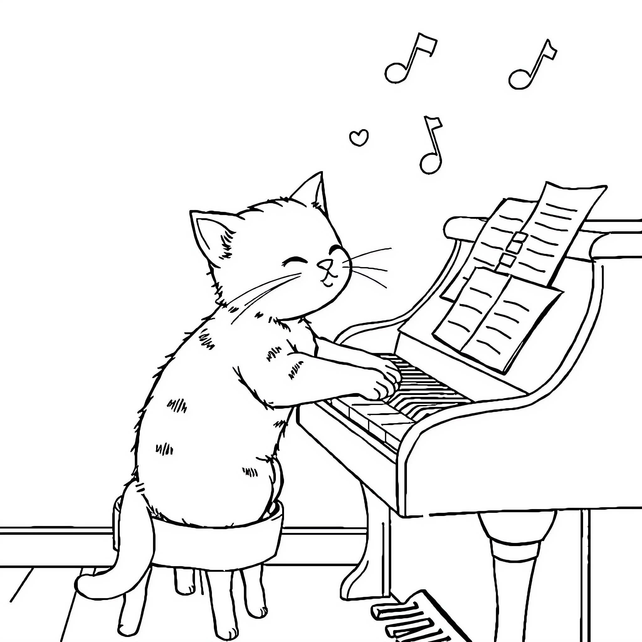 Cat playing piano with musical notes Coloring Page (free black-and-white line drawing printable PDF for all, from beginners to advanced learners, including children, teens, adults, and seniors)