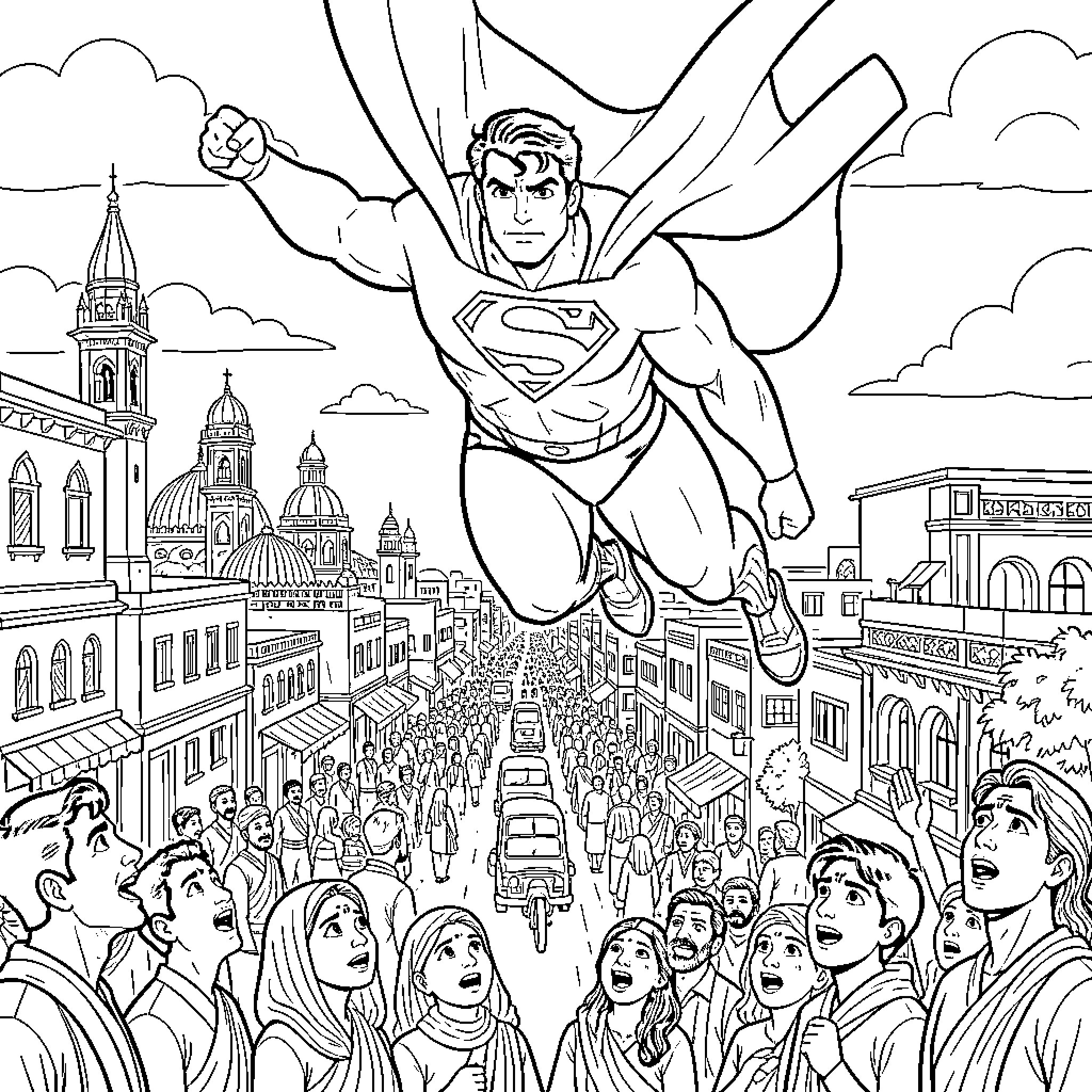 Superman flying heroically over a crowded city street Coloring Page (free black-and-white line drawing printable PDF for all, from beginners to advanced learners, including children, teens, adults, and seniors)